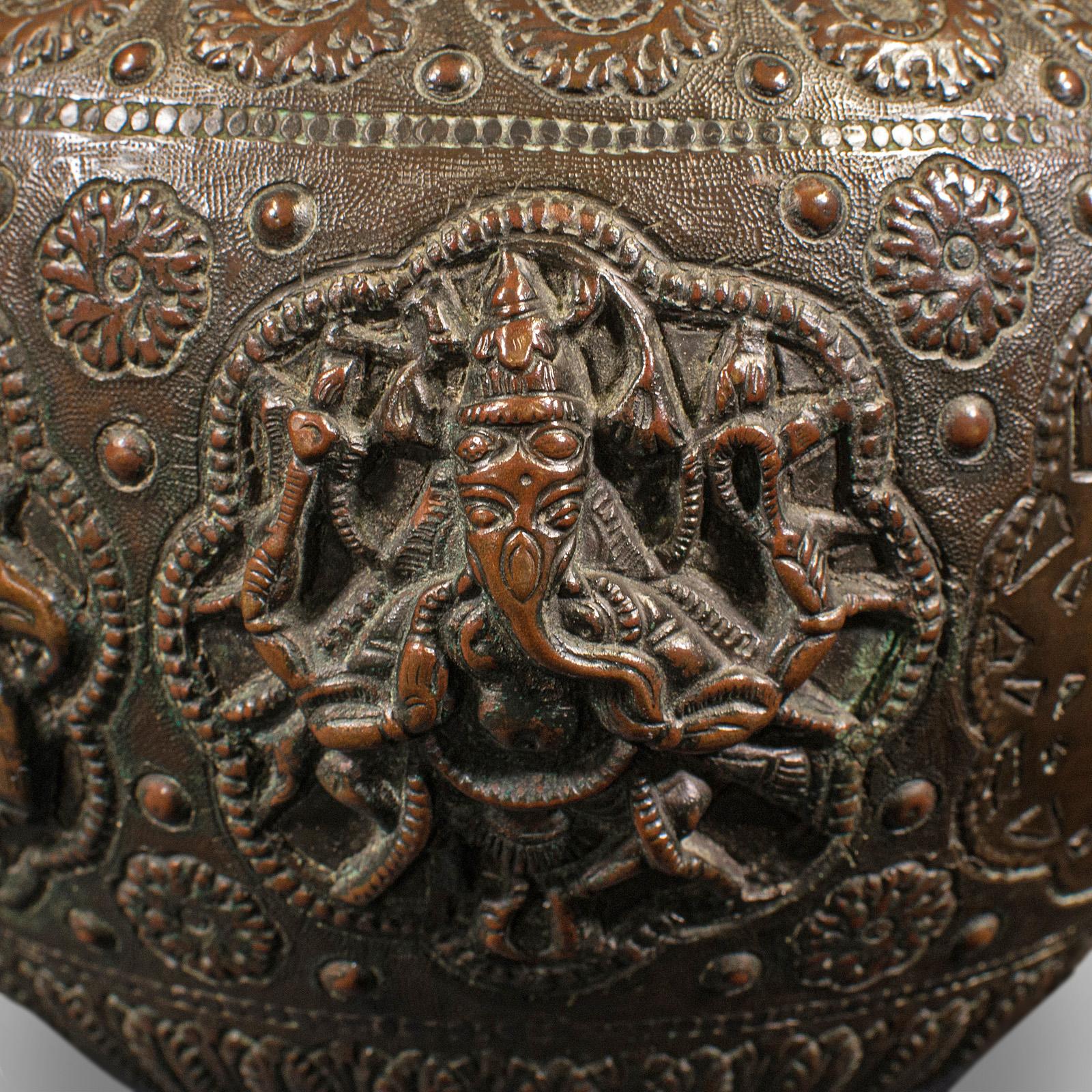 Antique Celebration Pot, Indian, Bronze, Diwali Vase, Ganesh, Lakshmi, Victorian For Sale 3