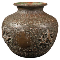 Antique Celebration Pot, Indian, Bronze, Diwali Vase, Ganesh, Lakshmi, Victorian