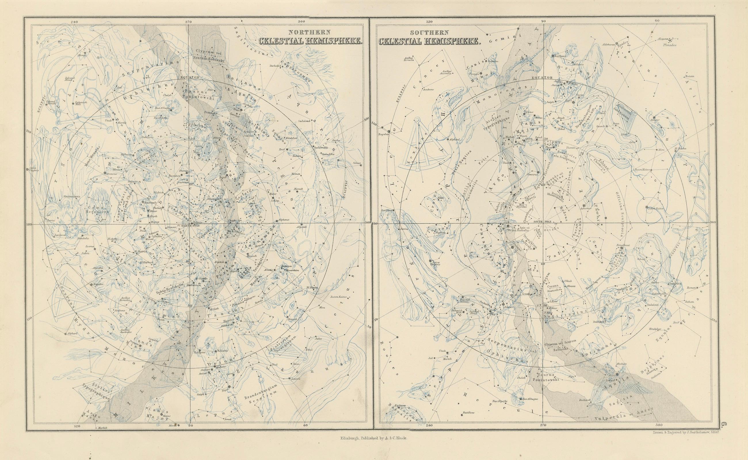 Cartas Celestes Antiguas de los Hemisferios Norte y Sur, 1884 Fines del siglo XIX en venta