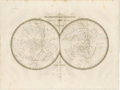 Antique Celestial Map, Planisphères Célestes, Lapie 1838 Astronomy