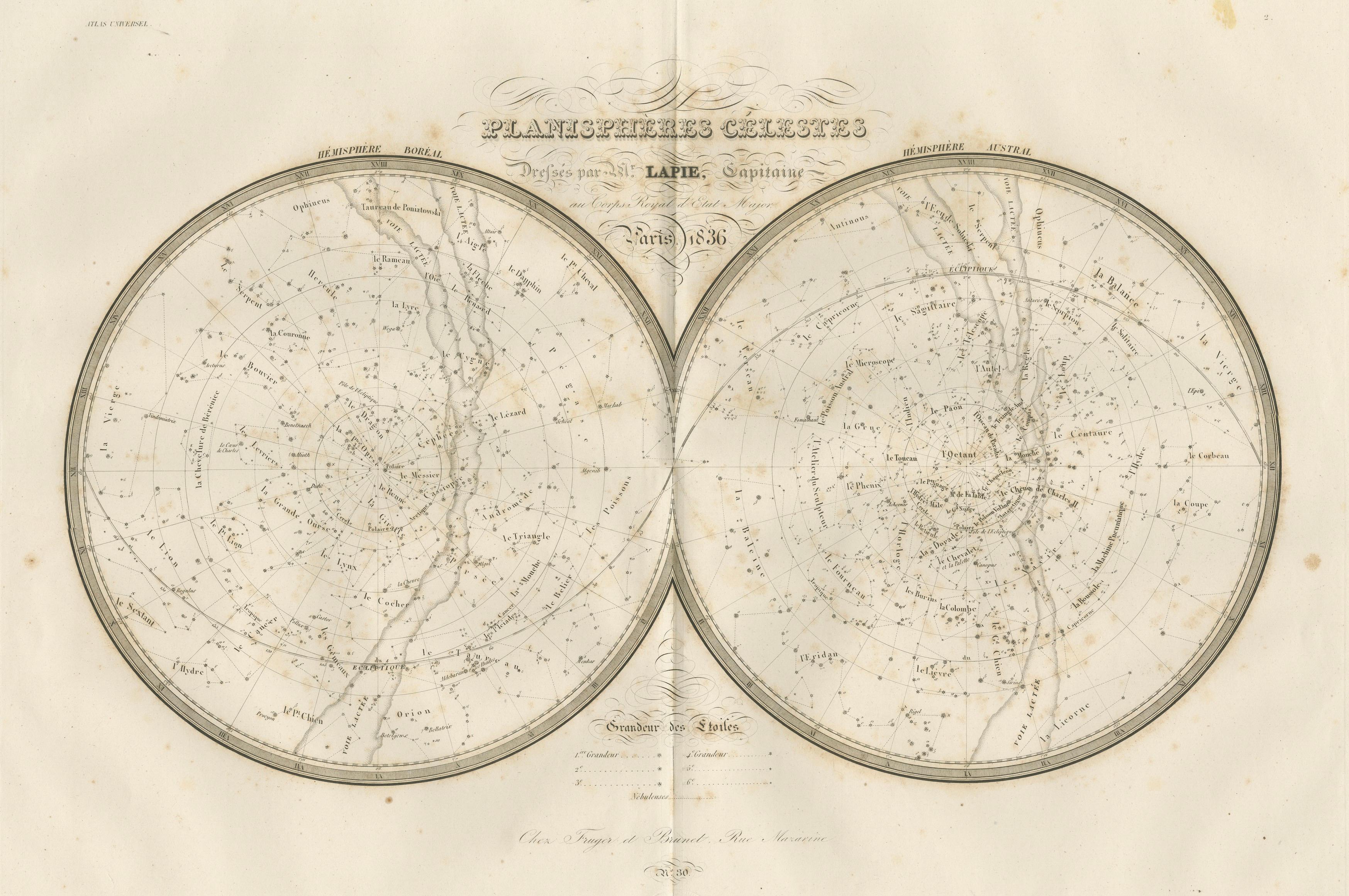 Antique Celestial Map, Planisphères Célestes, Lapie 1838 Astronomy