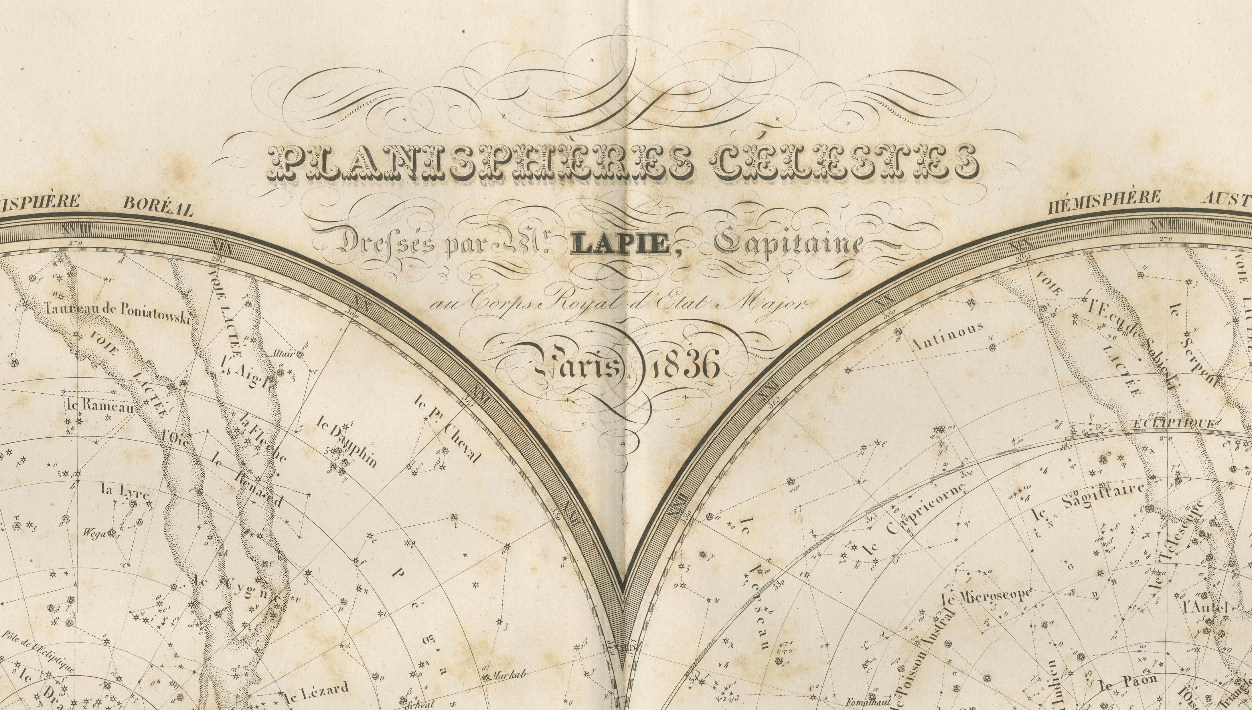 Antique Celestial Map, Planisphères Célestes, Lapie 1838 Astronomy