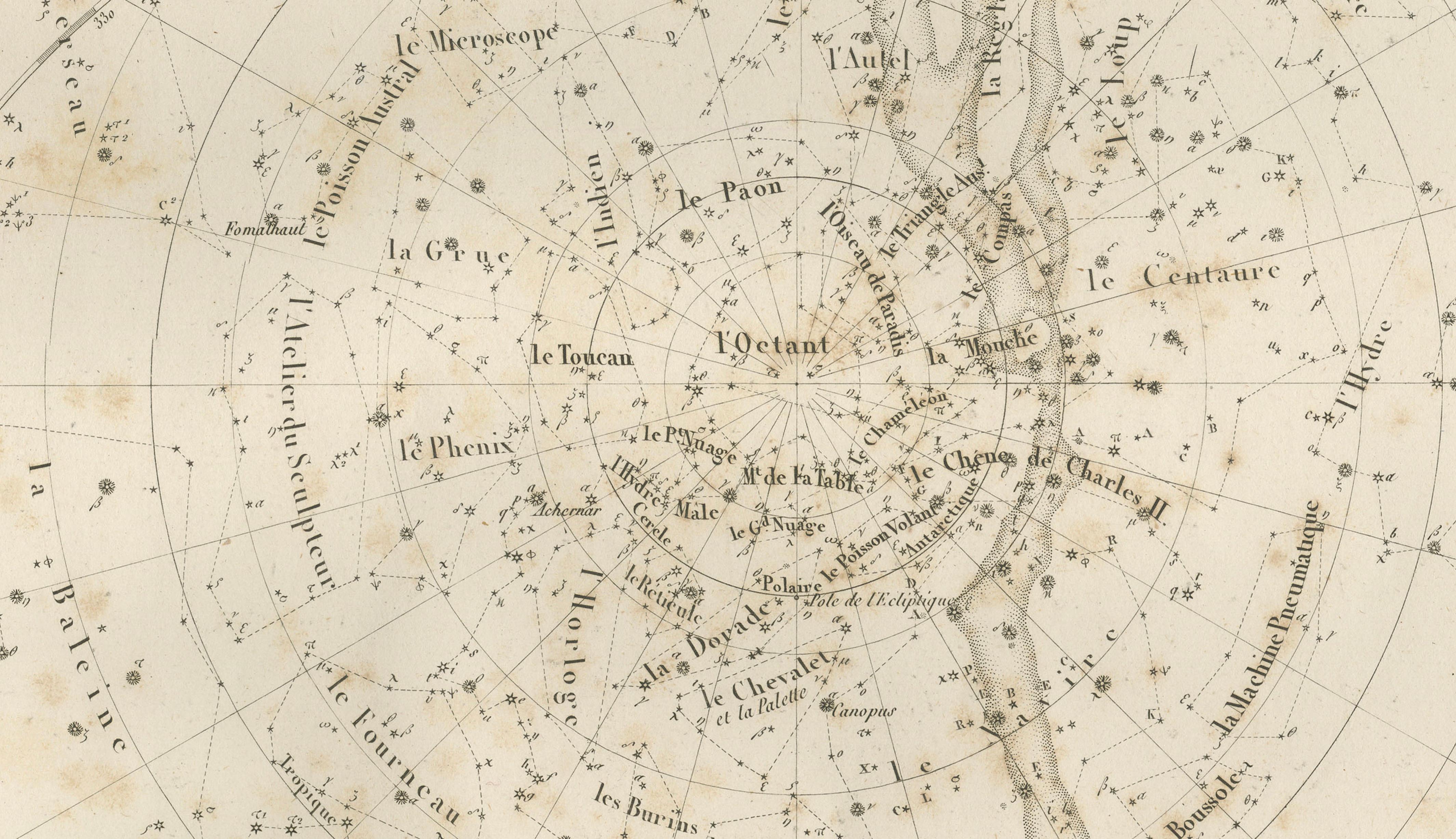 Antique Celestial Map, Planisphères Célestes, Lapie 1838 Astronomy