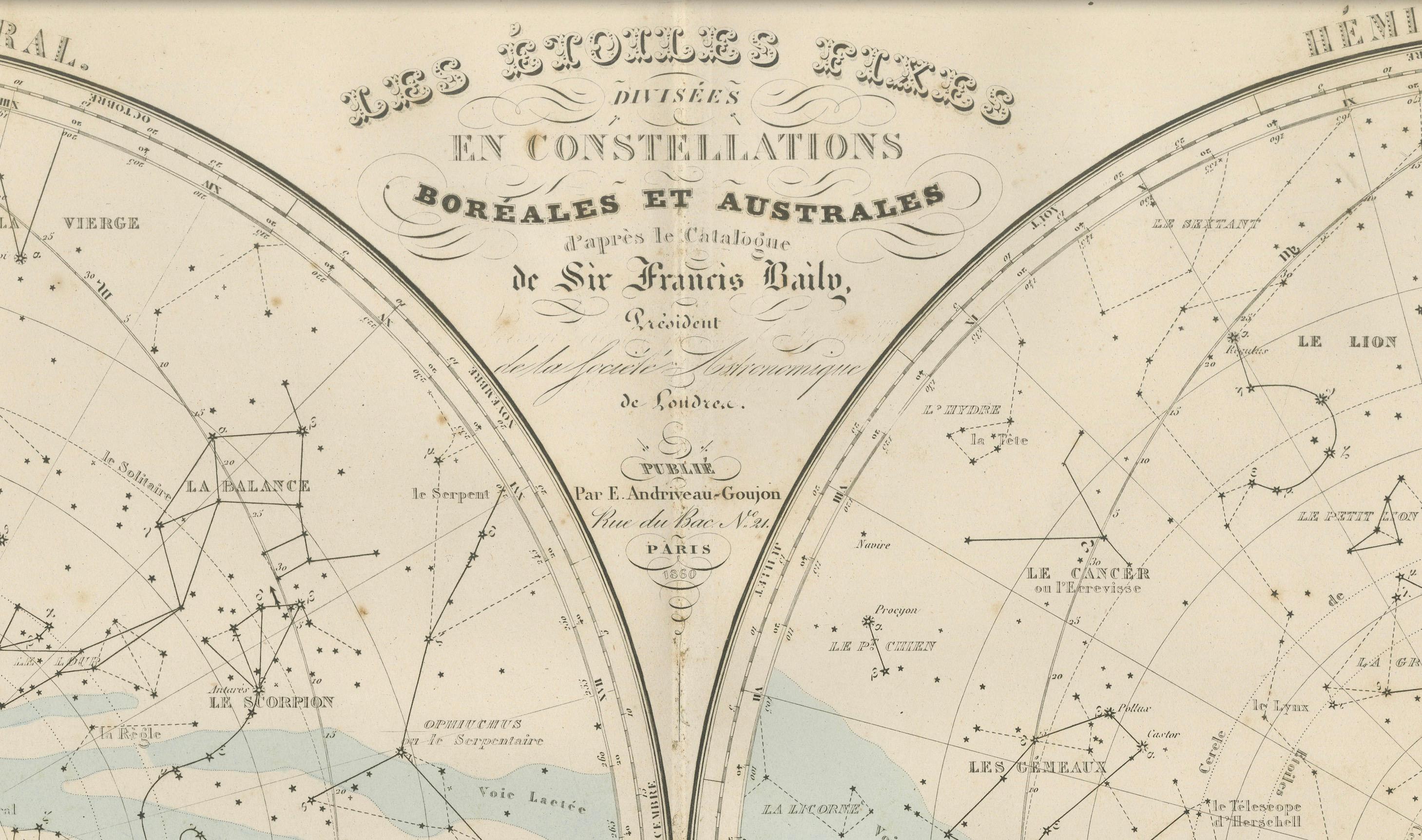 Antiguo Mapa Estelar Celeste - Hemisferios Norte y Sur, Andriveau-Goujon 1860

Esta elegante carta celeste antigua, publicada en París en 1860 por el célebre cartógrafo francés E. Andriveau-Goujon, presenta una visión completa de las estrellas fijas