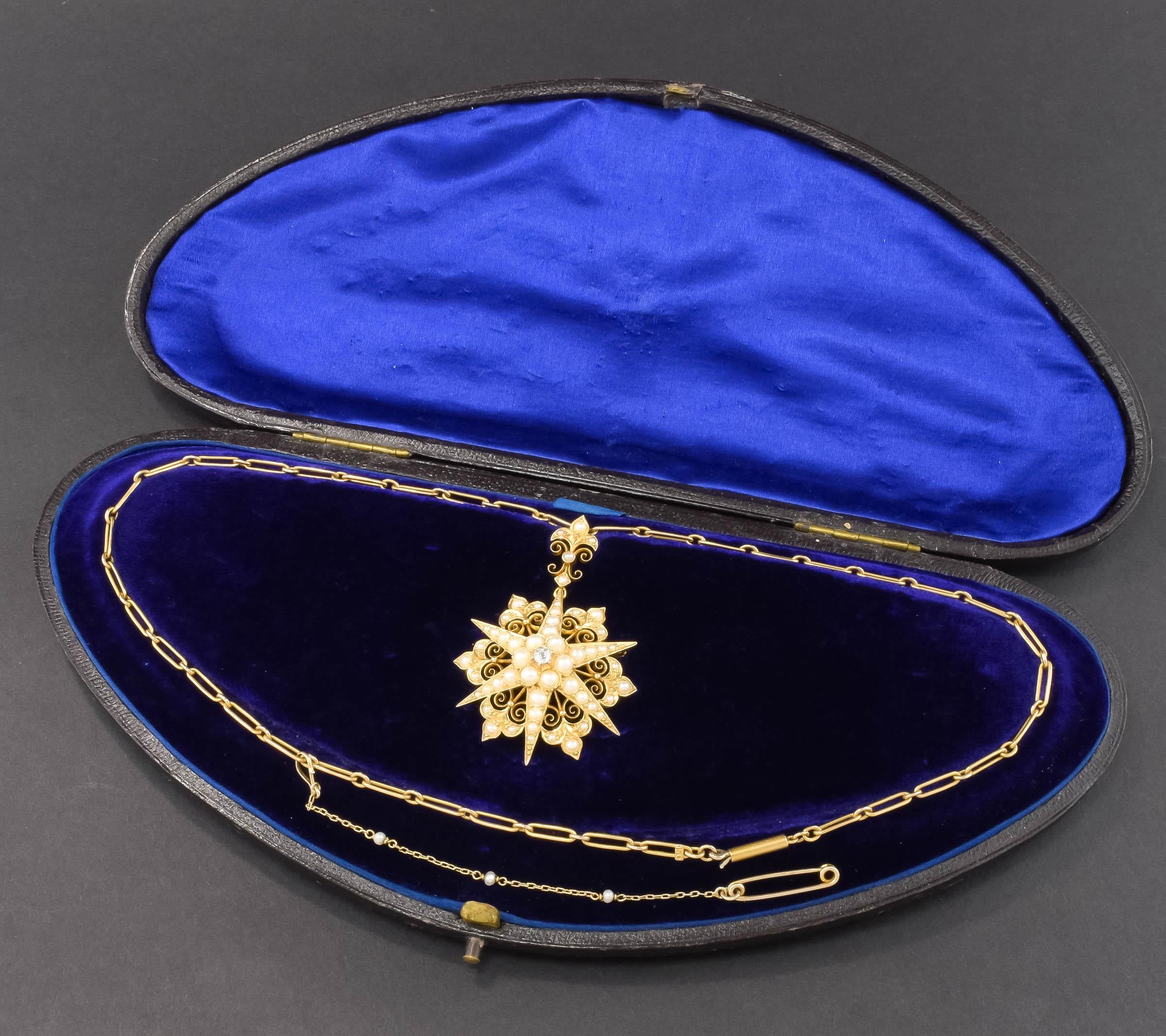 Antique Celestial Star Pendant - Brooch Necklace Set in Fitted Case For Sale 6