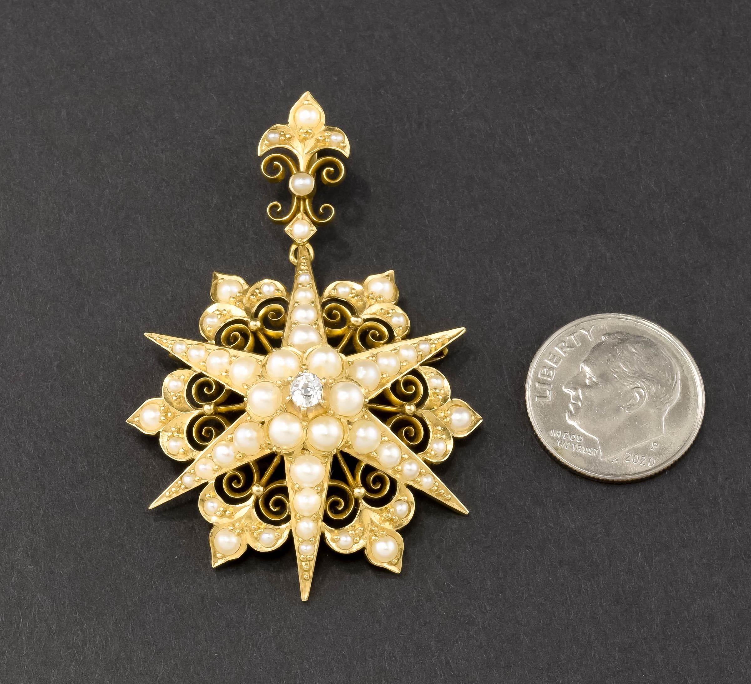Antiker Celestial Star Anhänger - Brosche Halskette in passendem Etui mit Sternanhänger (Alteuropäischer Brillantschliff) im Angebot