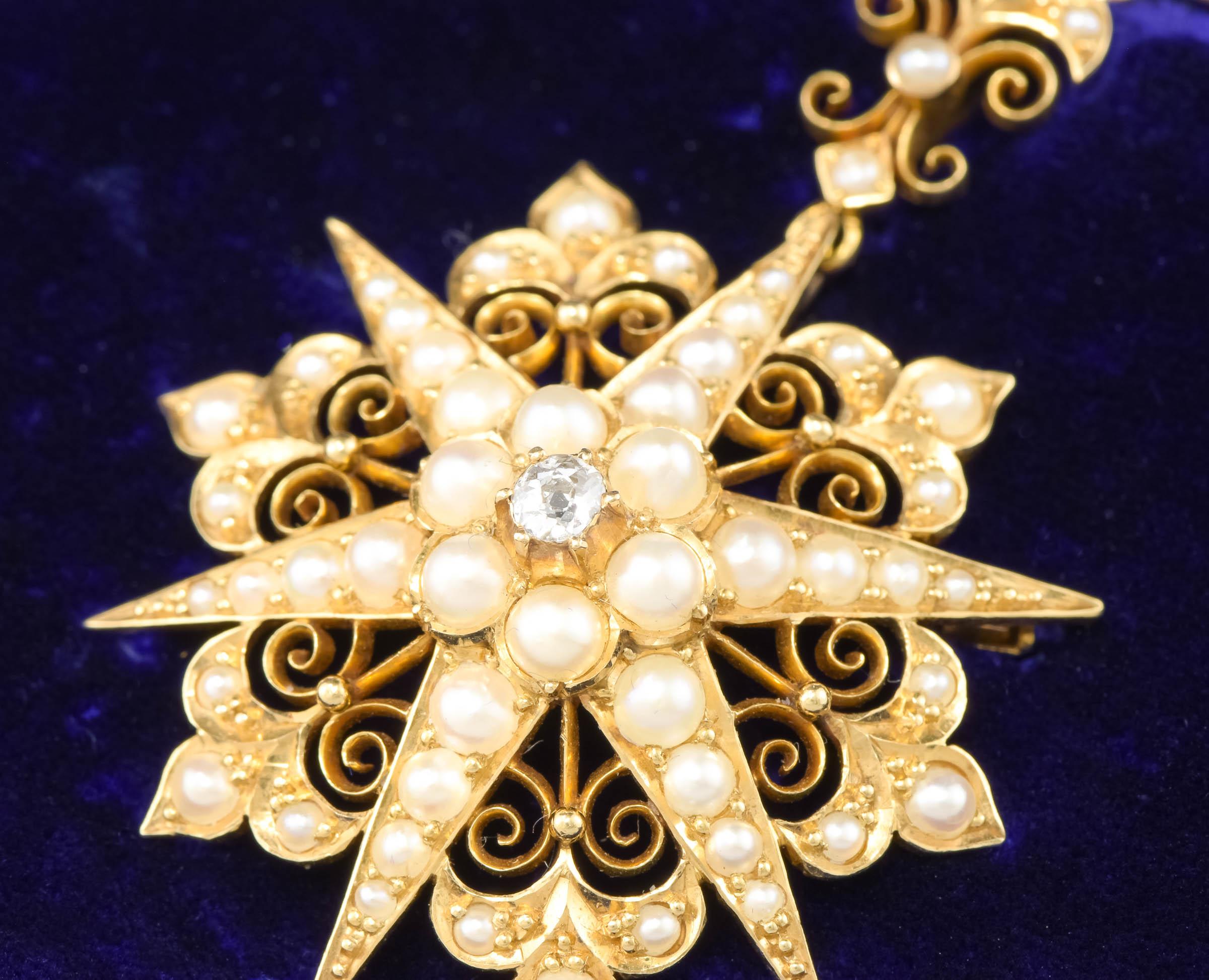 Antiker Celestial Star Anhänger - Brosche Halskette in passendem Etui mit Sternanhänger im Zustand „Gut“ im Angebot in Danvers, MA