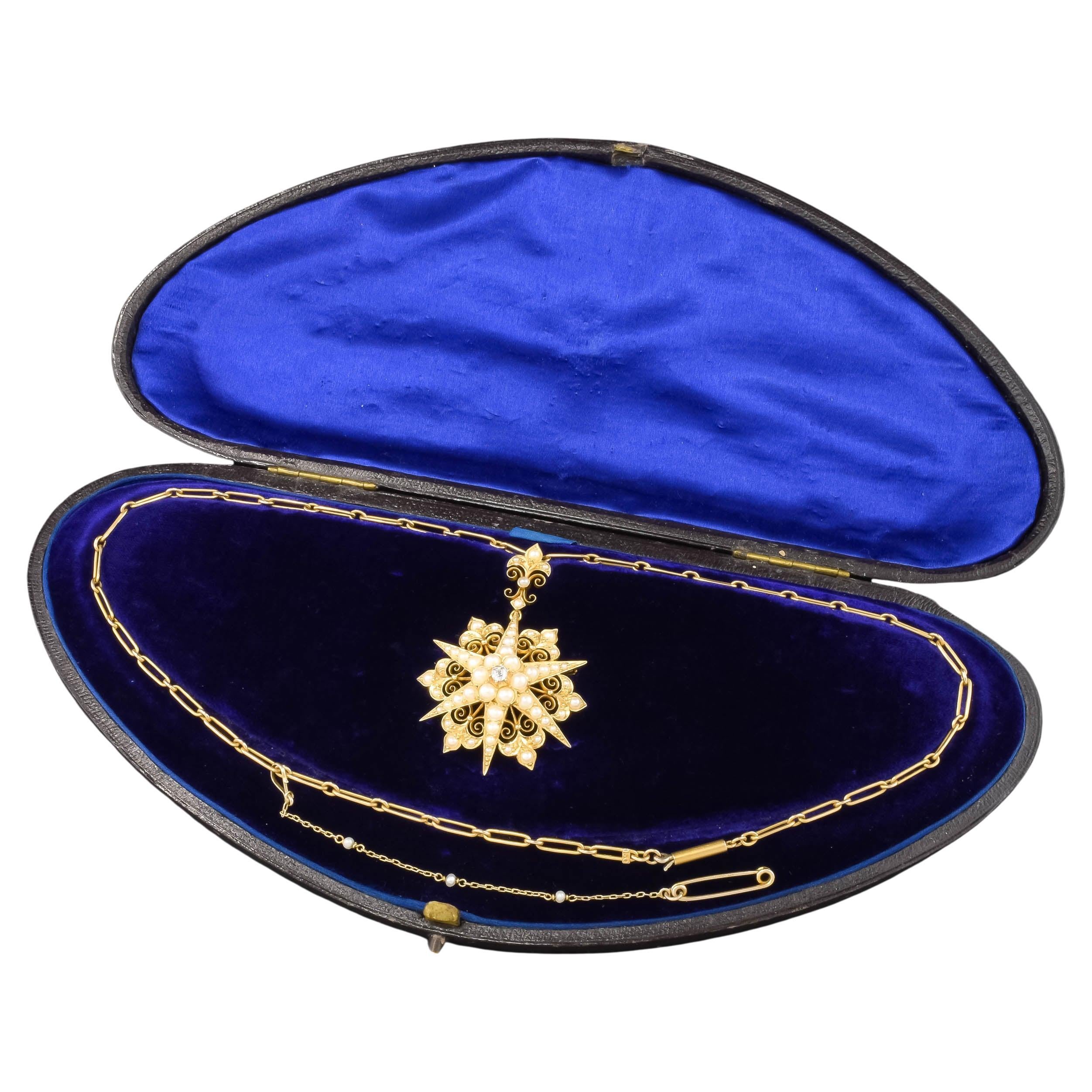 Antique Celestial Star Pendant - Brooch Necklace Set in Fitted Case For Sale