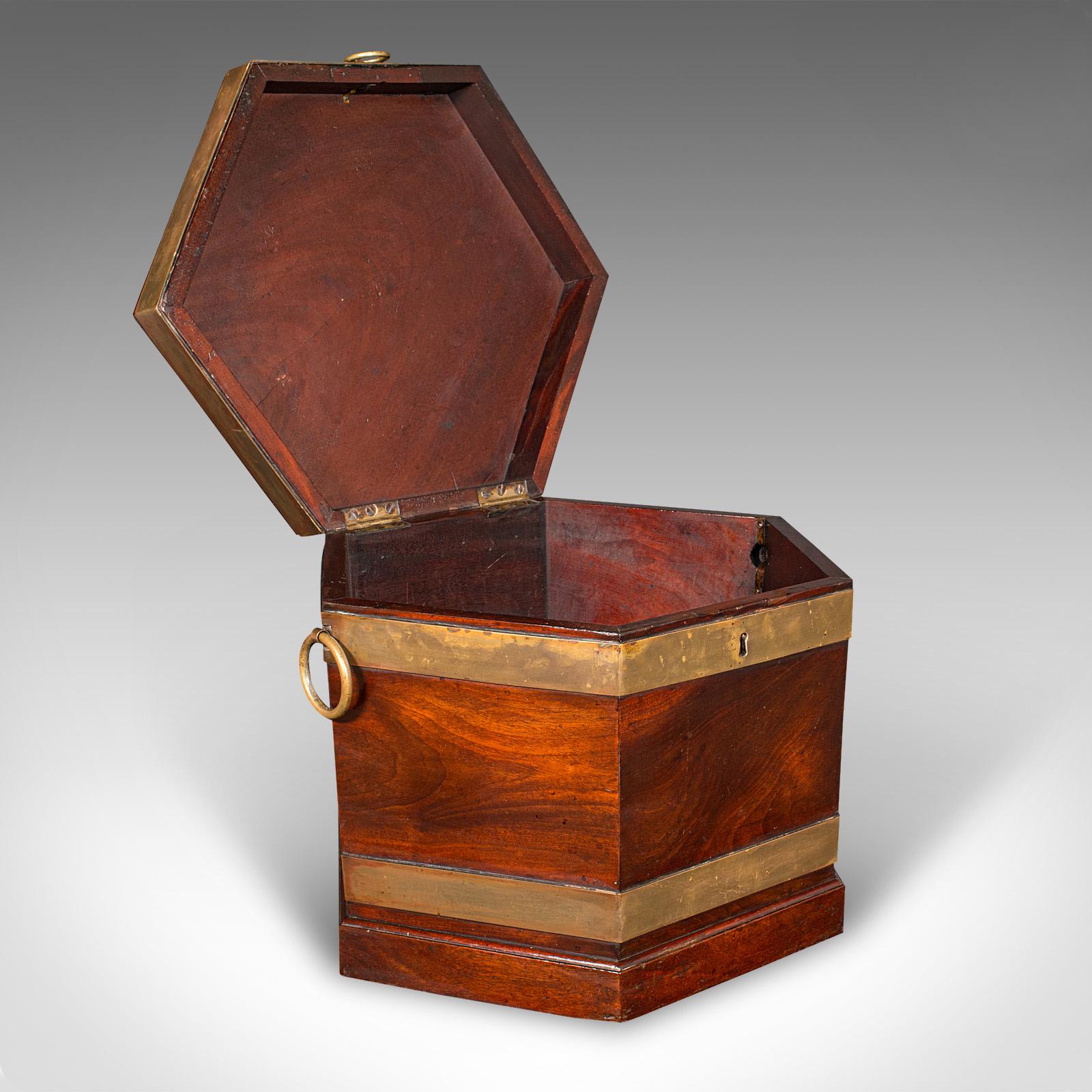 This is an antique cellarette. An English, mahogany and brass fireside store, dating to the Georgian period, circa 1750.

Fascinating hexagonal form with delightful figuring
Displays a desirable aged patina and in good order
Select stocks present