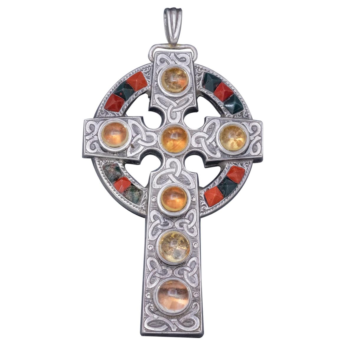 Antique Celtic Cross Pendant Silver Cairngorm Victorian, circa 1860 For Sale