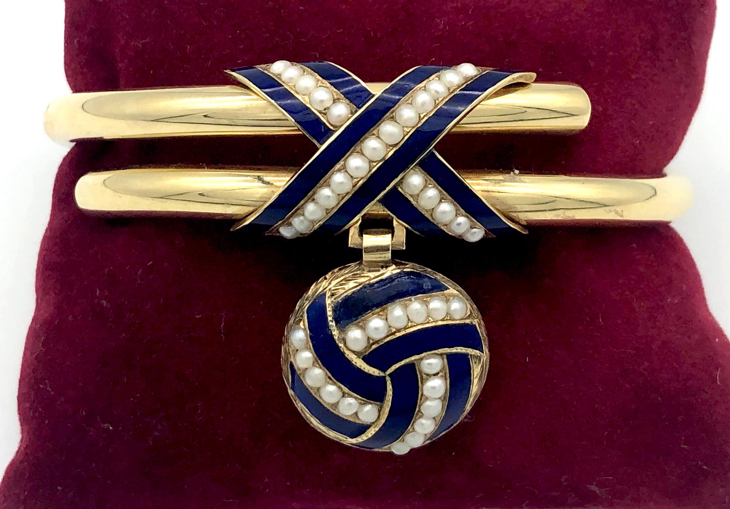 This very unusual early Victorian jewel is of timeless elegance.  The hinged bracelet with it's locket is decorated with the celtic symbol for eternity, the eternity knot. Three rows of small oriental pearls, embedded in stripes of dark blue enamel,