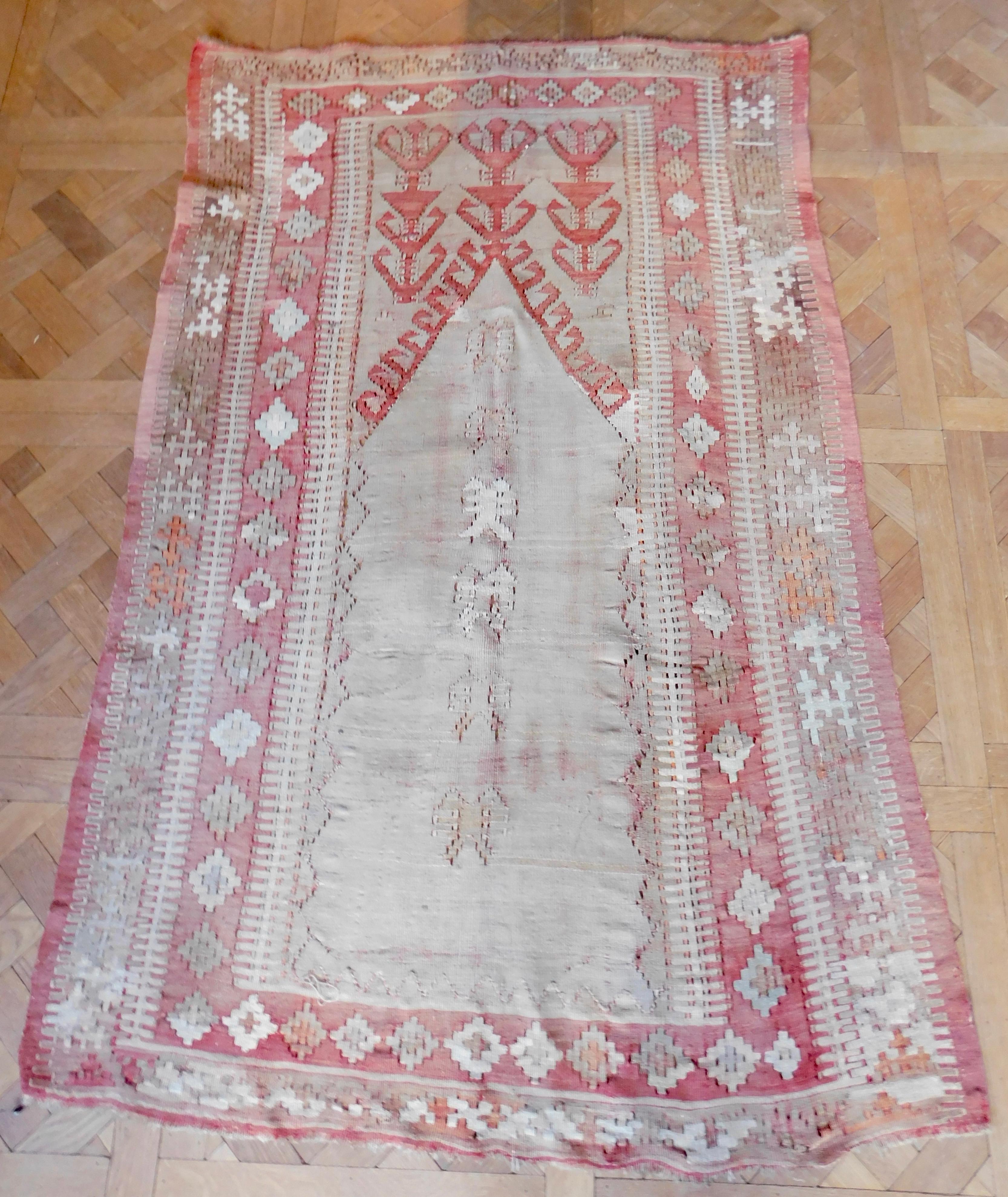 Antique Central Anatolian Kilim Prayer Rug in Soft Muted Colors For Sale 1