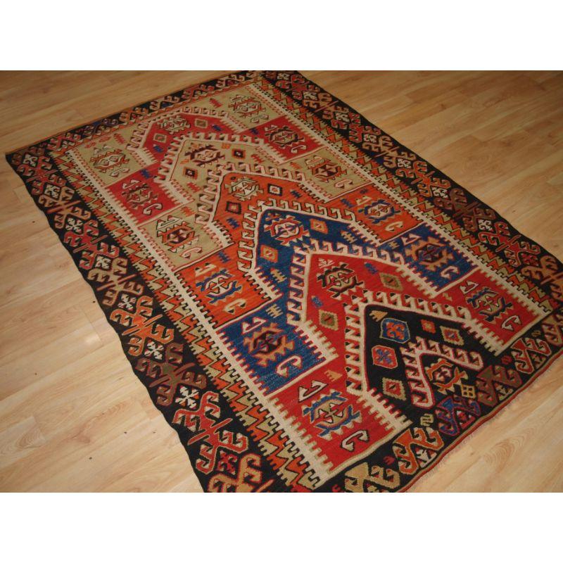 Antique Central Anatolian Konya prayer kilim of Sivrihisar design.

A kilim of scarce design which is said to represent the levels of heaven, and is for use in prayer and meditation. The weavers of these kilims are followers of the Sufi tradition,