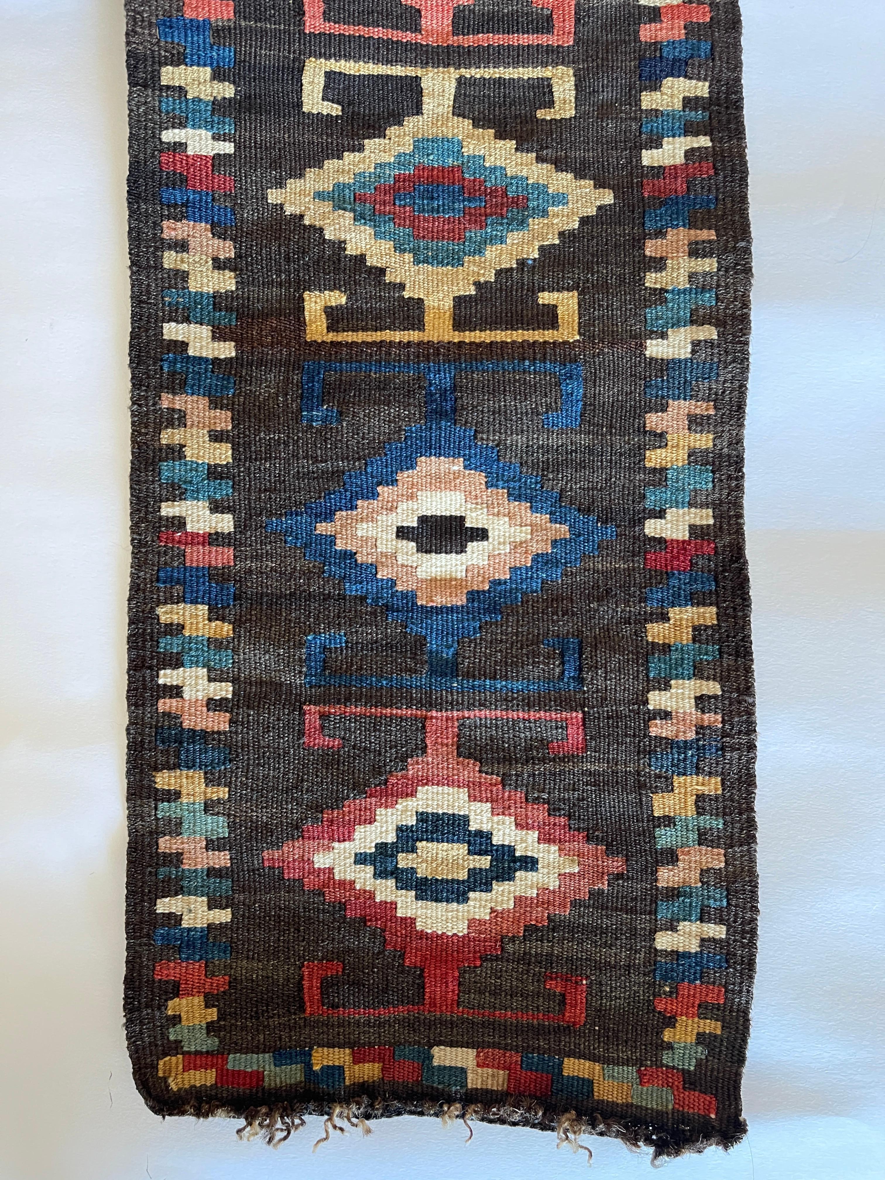 Antique Central Asian Natural Dyed Wool Geometric Tent Band Runner For Sale 1