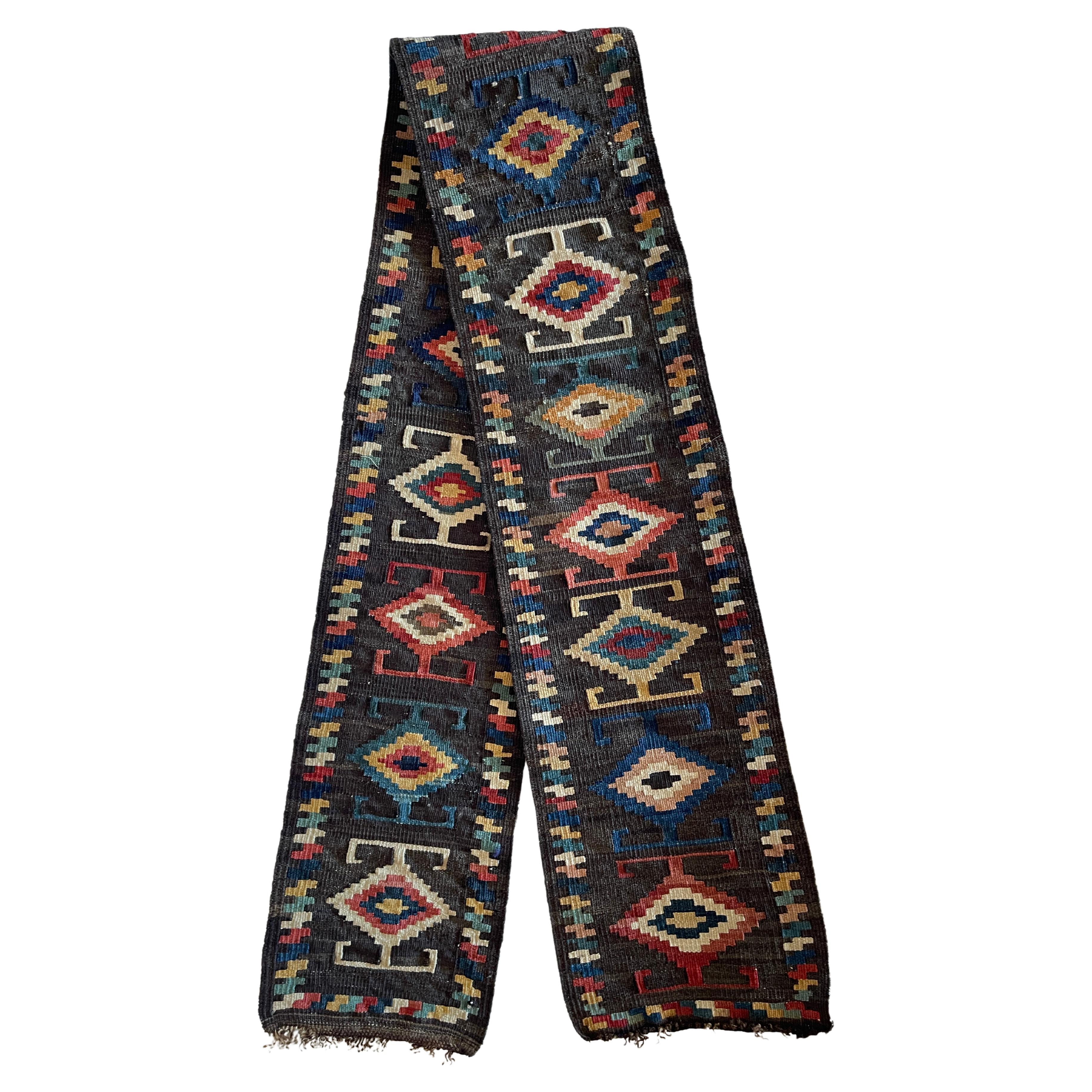 Antique Central Asian Natural Dyed Wool Geometric Tent Band Runner For Sale