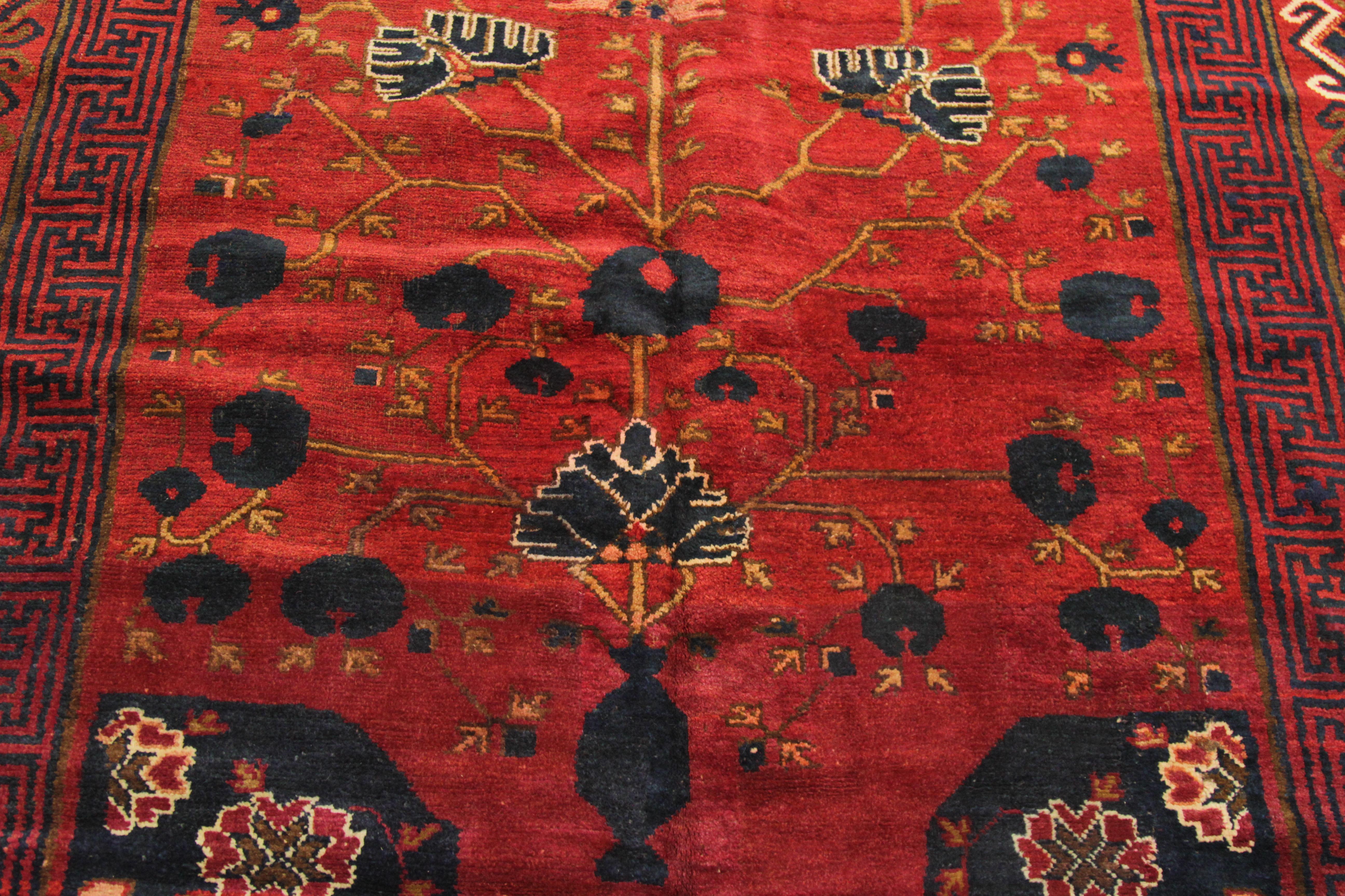 Wool Antique Central Asian Rug Khoy Style with Lotus in Red Pond Details, circa 1980s For Sale