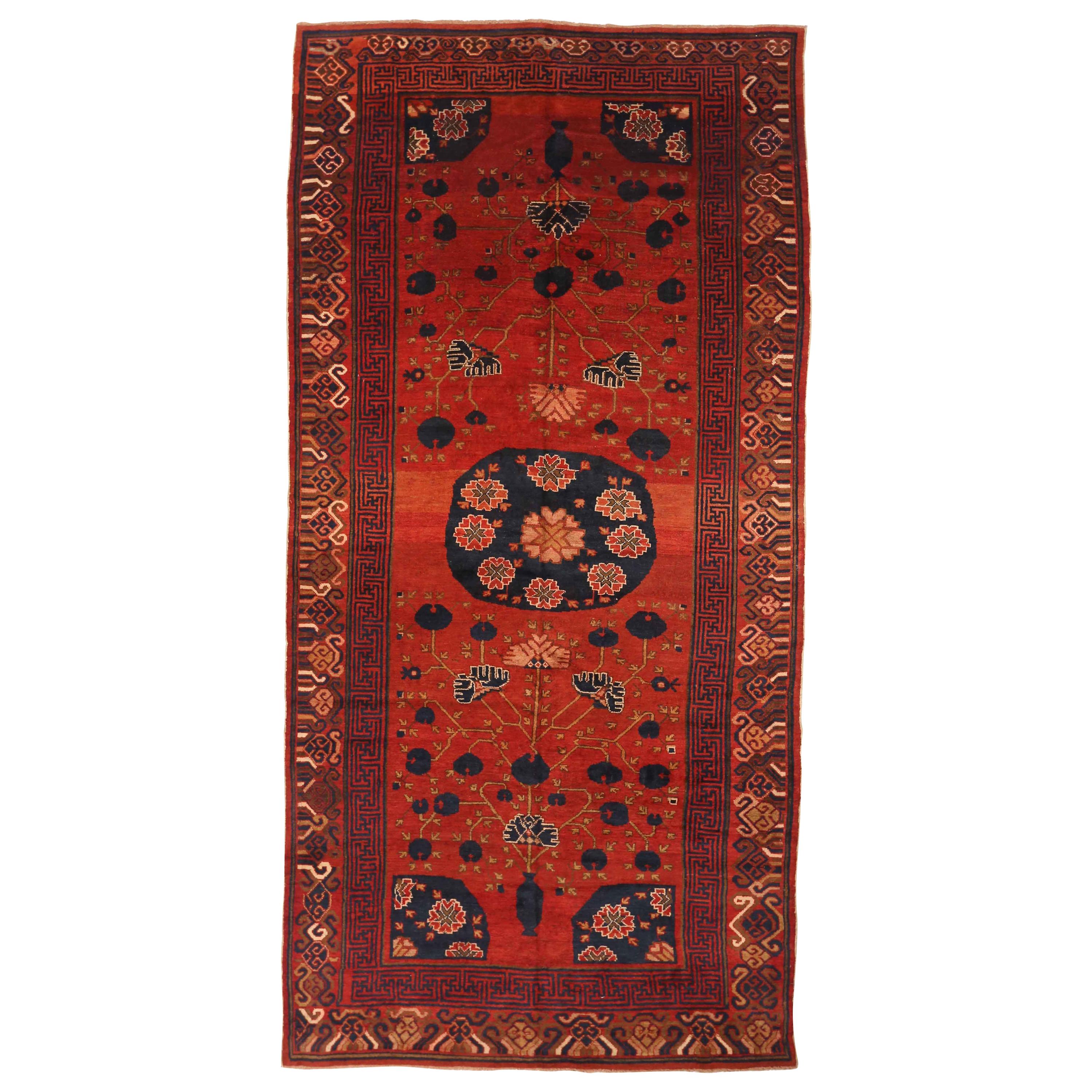 Antique Central Asian Rug Khoy Style with Lotus in Red Pond Details, circa 1980s For Sale