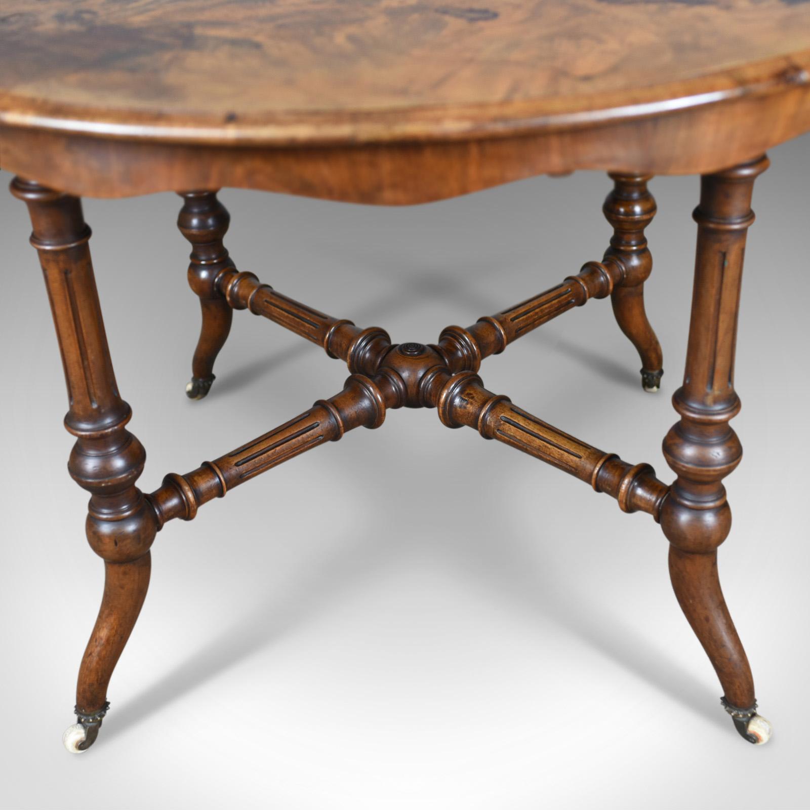 Antique Centre Table, English Victorian Circular Burr Walnut, Tea, Side 3