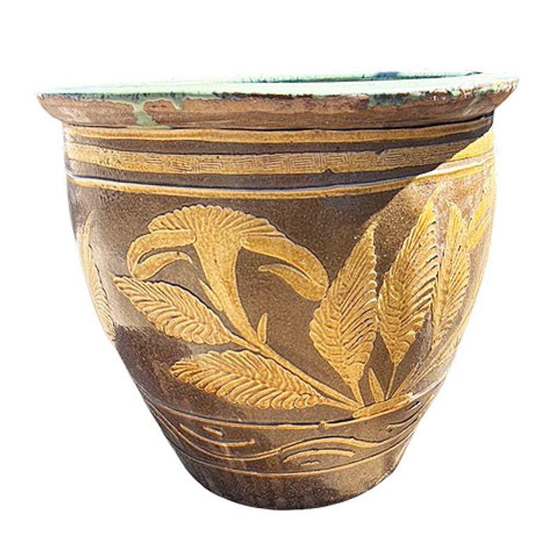 Antiquité Siècle Chinois Œuf Art Poterie Oiseau & Fougères Jardinière Support Jardinière Excellent état - En vente à Van Nuys, CA