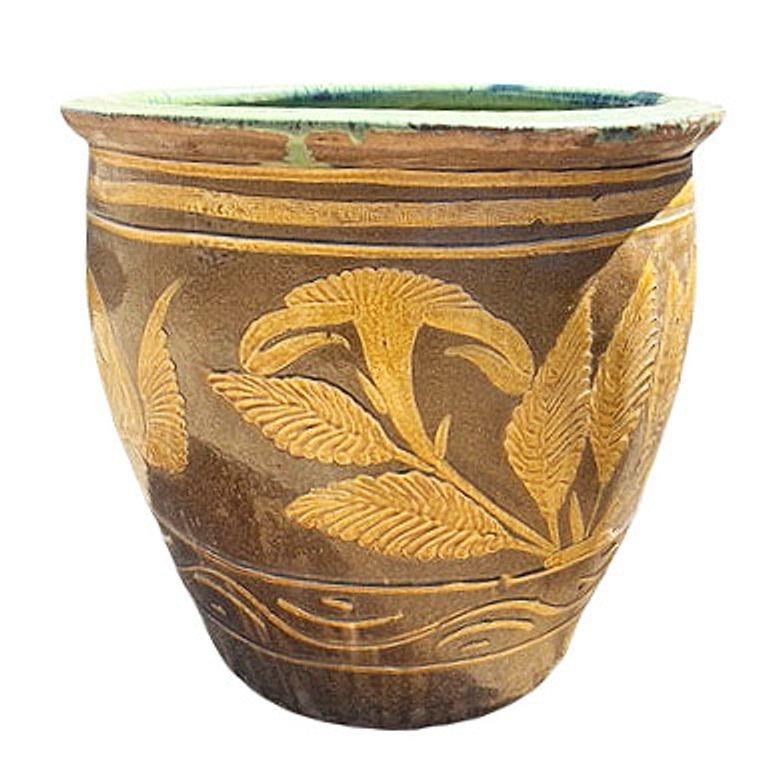 Fin du XIXe siècle Antiquité Siècle Chinois Œuf Art Poterie Oiseau & Fougères Jardinière Support Jardinière en vente