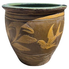 Antique Century Chinese Egg Art Bird & Fern Pottery Holder Jardinière Planter