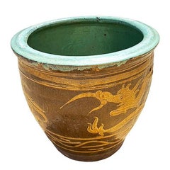 Antique Century Chinese Egg Art Pottery Holder Bird & Dragon Jardinière Planter