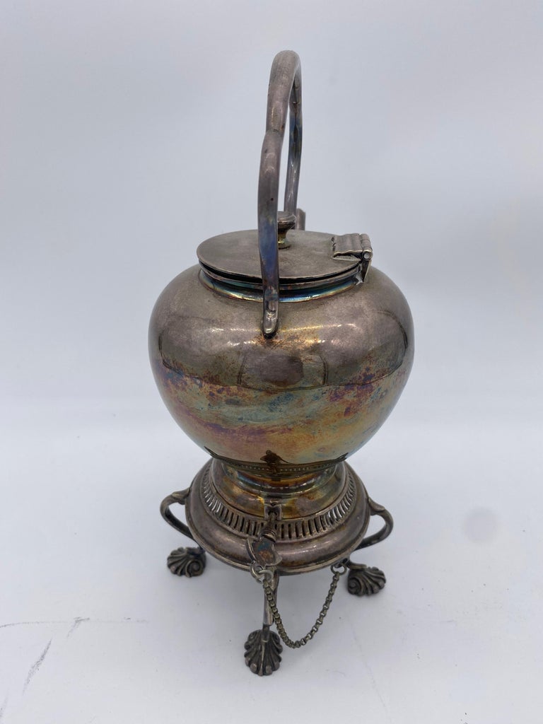 Antique Century Silver Teapot on Burner Stand For Sale at 1stDibs