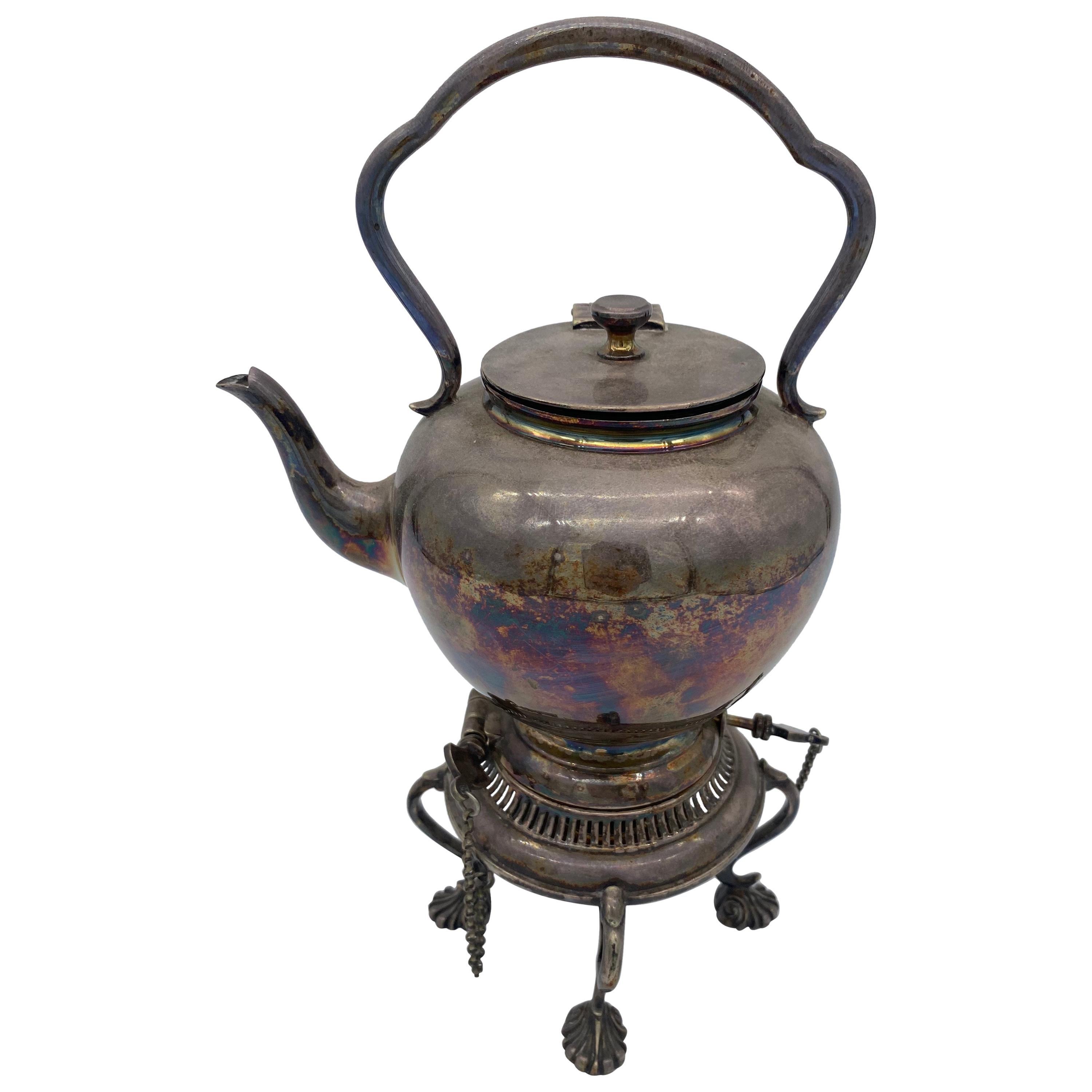 Antique Century Silver Teapot on Burner Stand For Sale