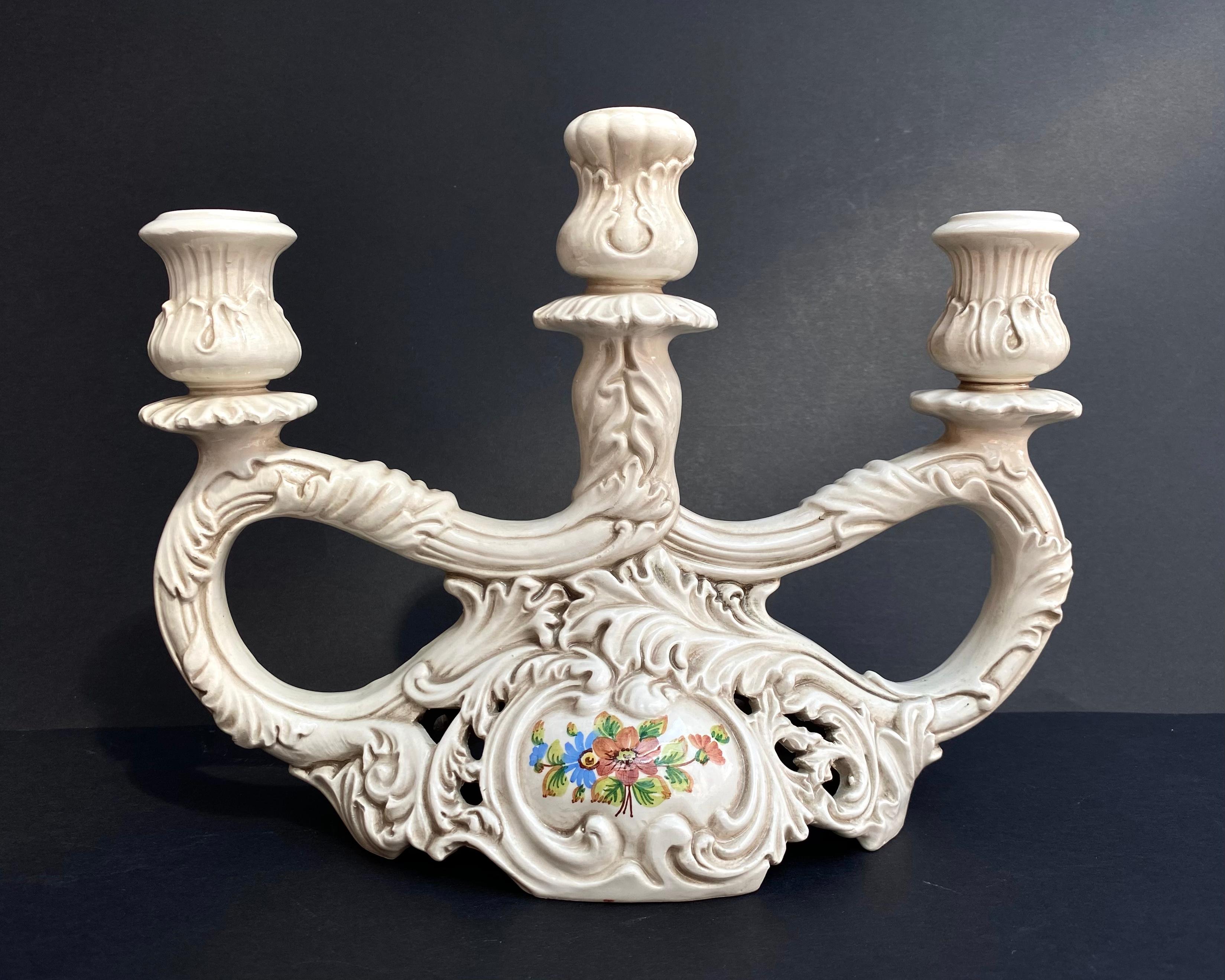 Italian Antique Ceramic Candlesticks for 3 Candles, Set 2, Italy, Stamped lli Bosello For Sale