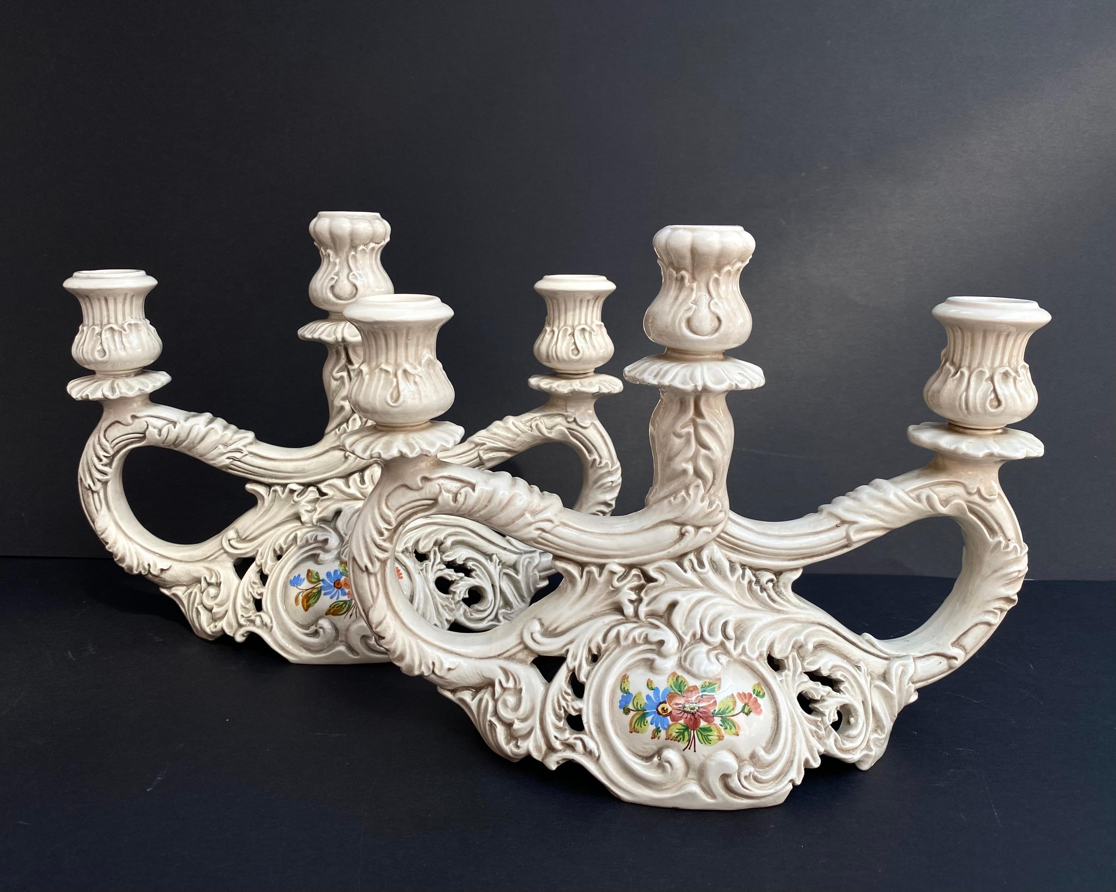 Antique Ceramic Candlesticks for 3 Candles, Set 2, Italy, Stamped lli Bosello In Excellent Condition For Sale In Bastogne, BE