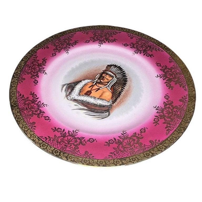 German Antique Ceramic Chief Decorative Plate in Gold and Pink - Krautheim & Adelberg For Sale