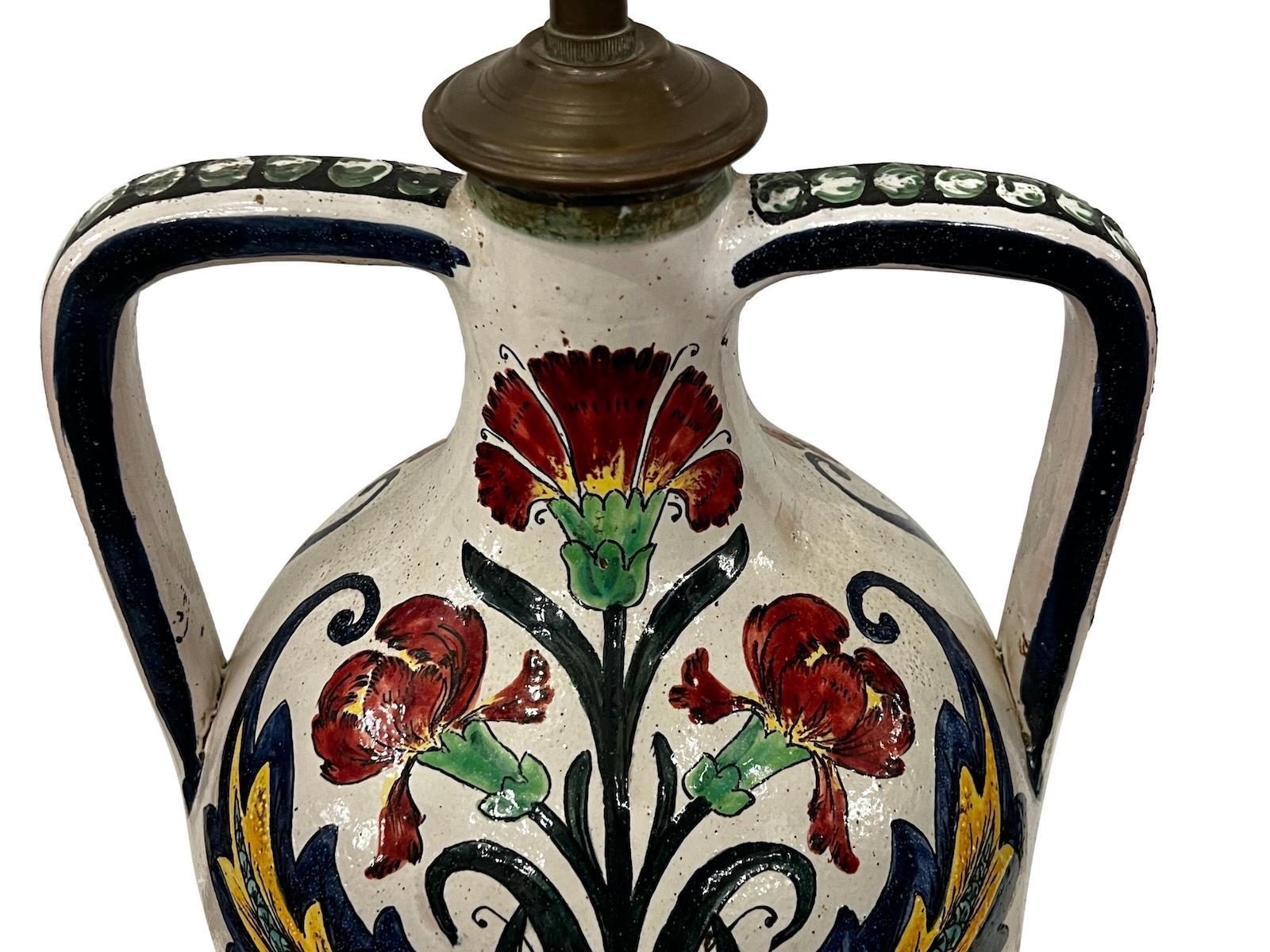 Hand-Painted Antique Ceramic Floral Lamp For Sale