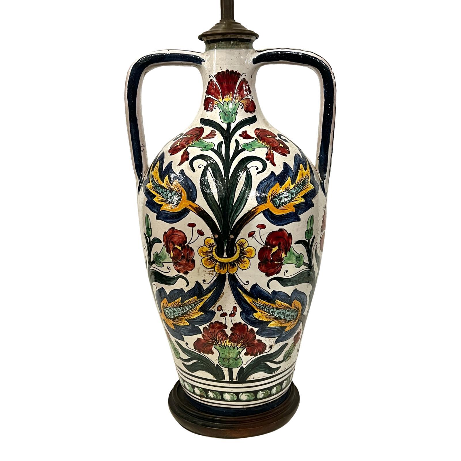 Antique Ceramic Floral Lamp In Good Condition For Sale In New York, NY