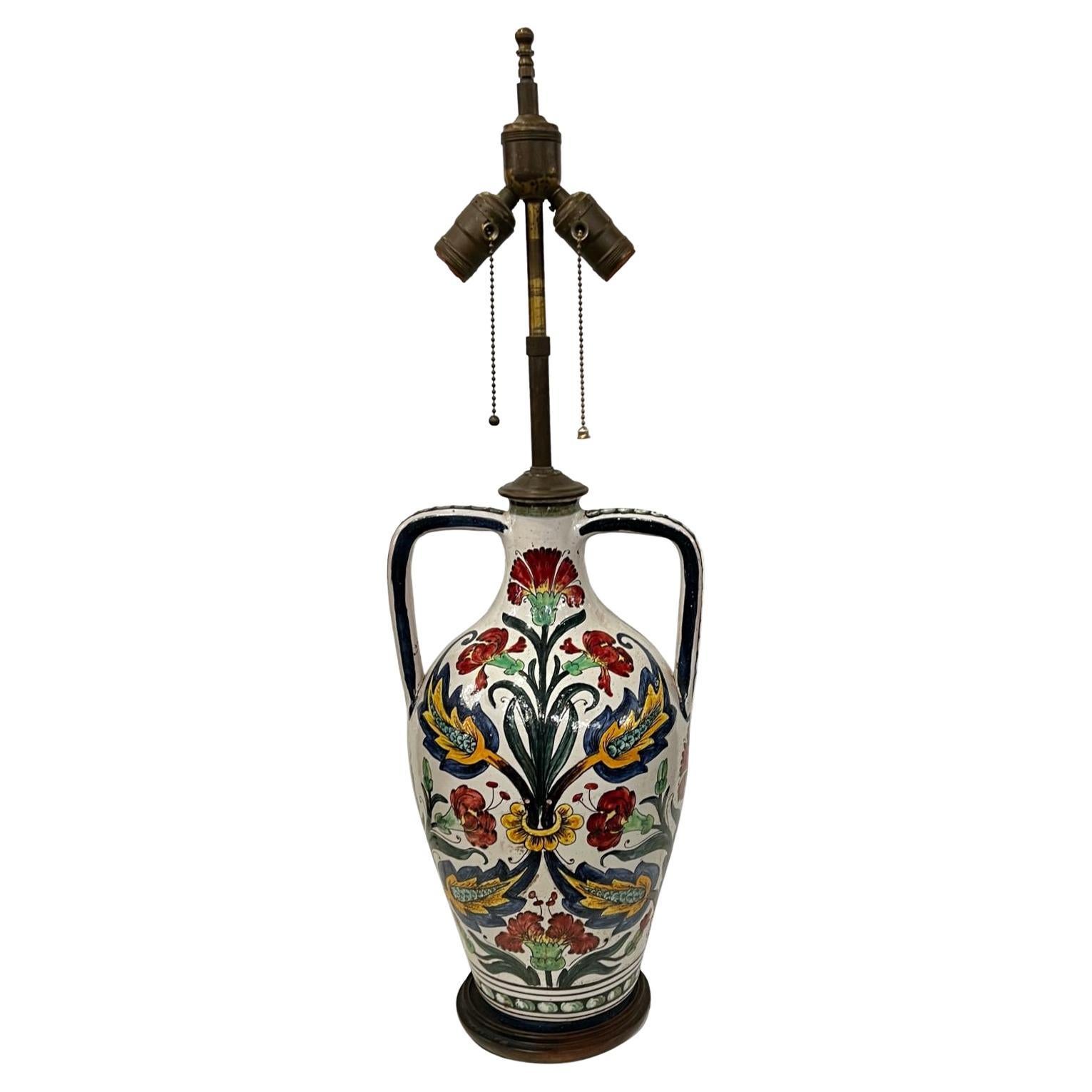 Antique Ceramic Floral Lamp For Sale