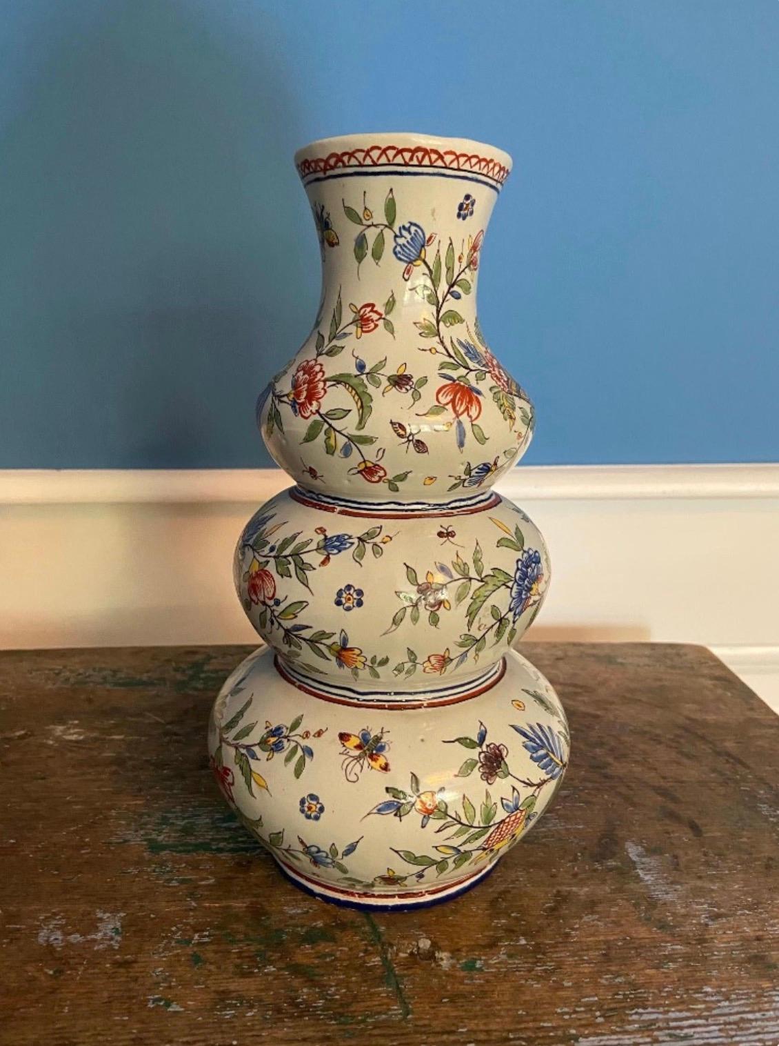 French Antique Ceramic Flower Painted Vase, France, 19th Century For Sale