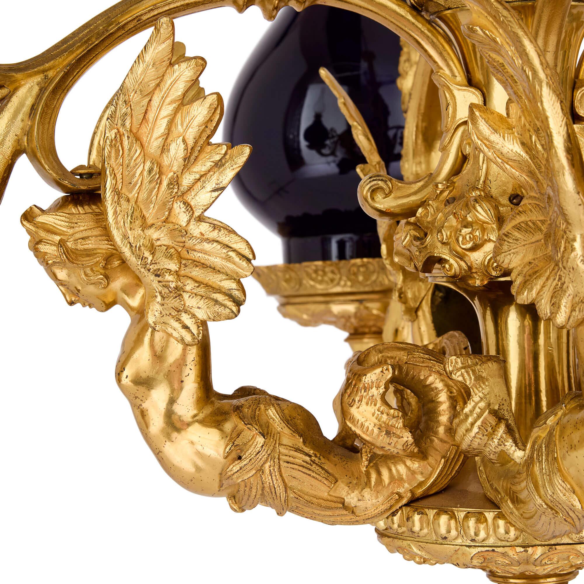 Belle Époque Antique Ceramic, Glass, and Ormolu Chandelier For Sale