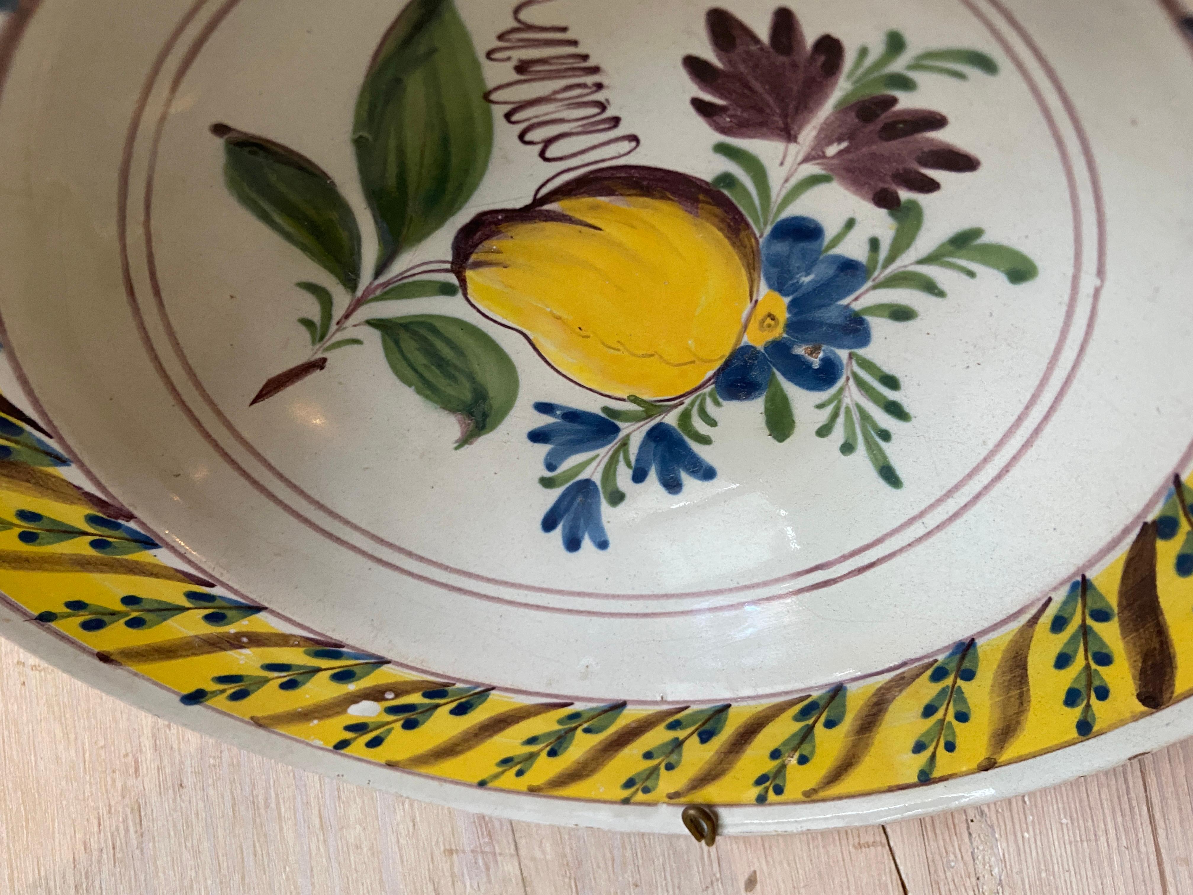 Antique Ceramic Hanging Plate with Yellow Decorations, Germany, 1820s For Sale 2