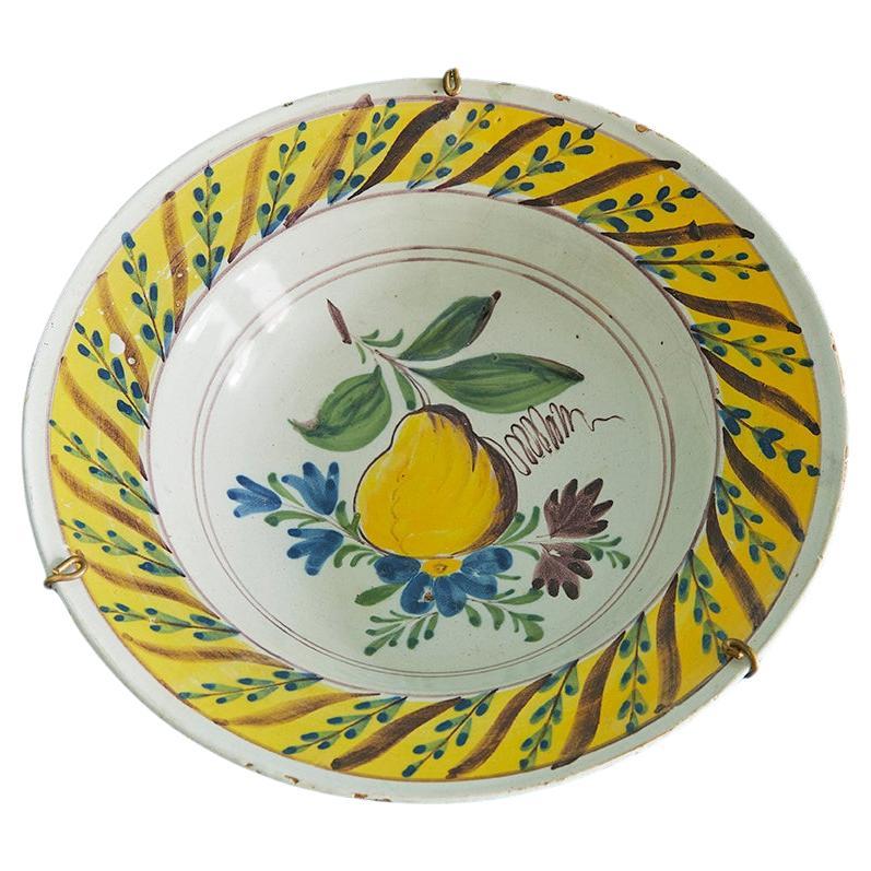 Antique Ceramic Hanging Plate with Yellow Decorations, Germany, 1820s For Sale