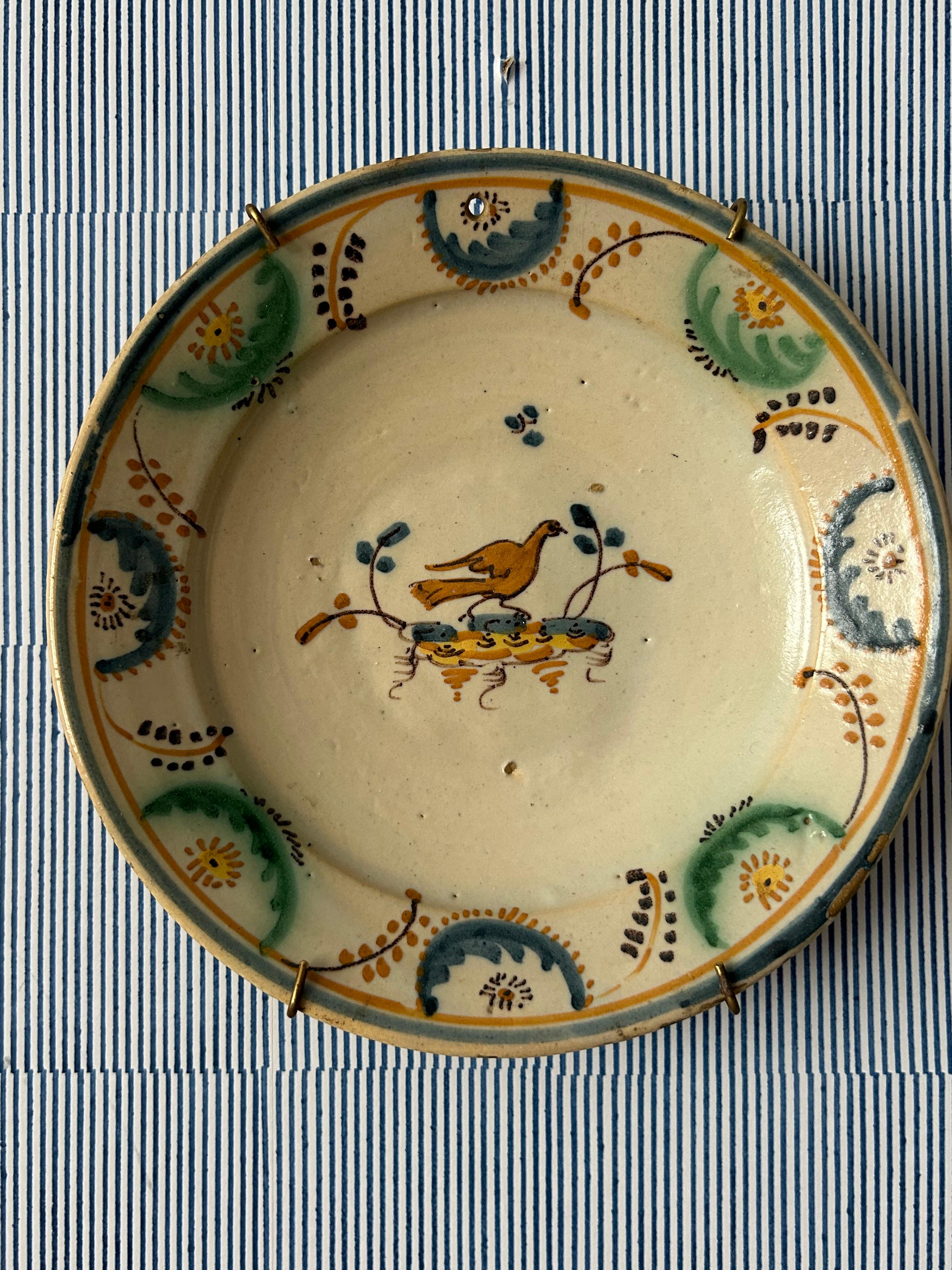 Glazed Antique Ceramic Hanging Platter with Decorations, Portugal, Late 19th Century For Sale