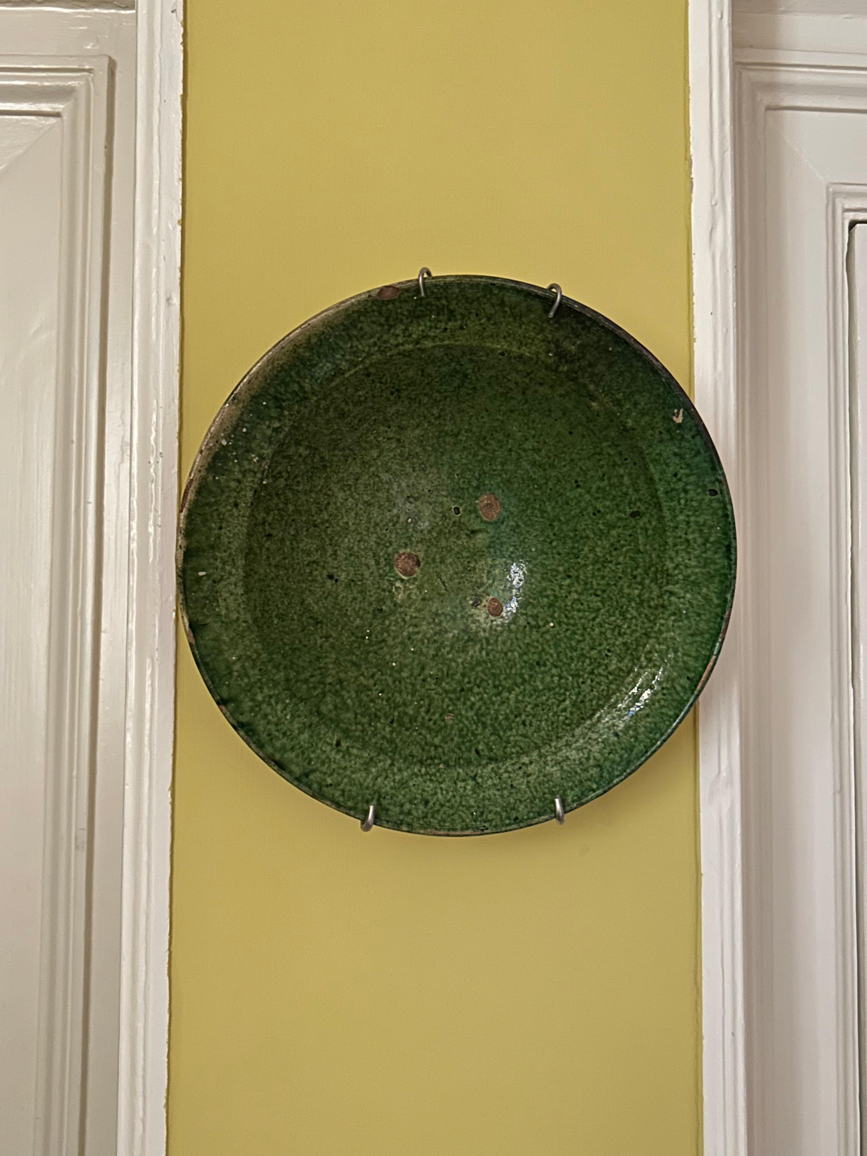 Glazed Antique Ceramic Hanging Platter with Green Glaze, Afghanistan, 19th Century For Sale