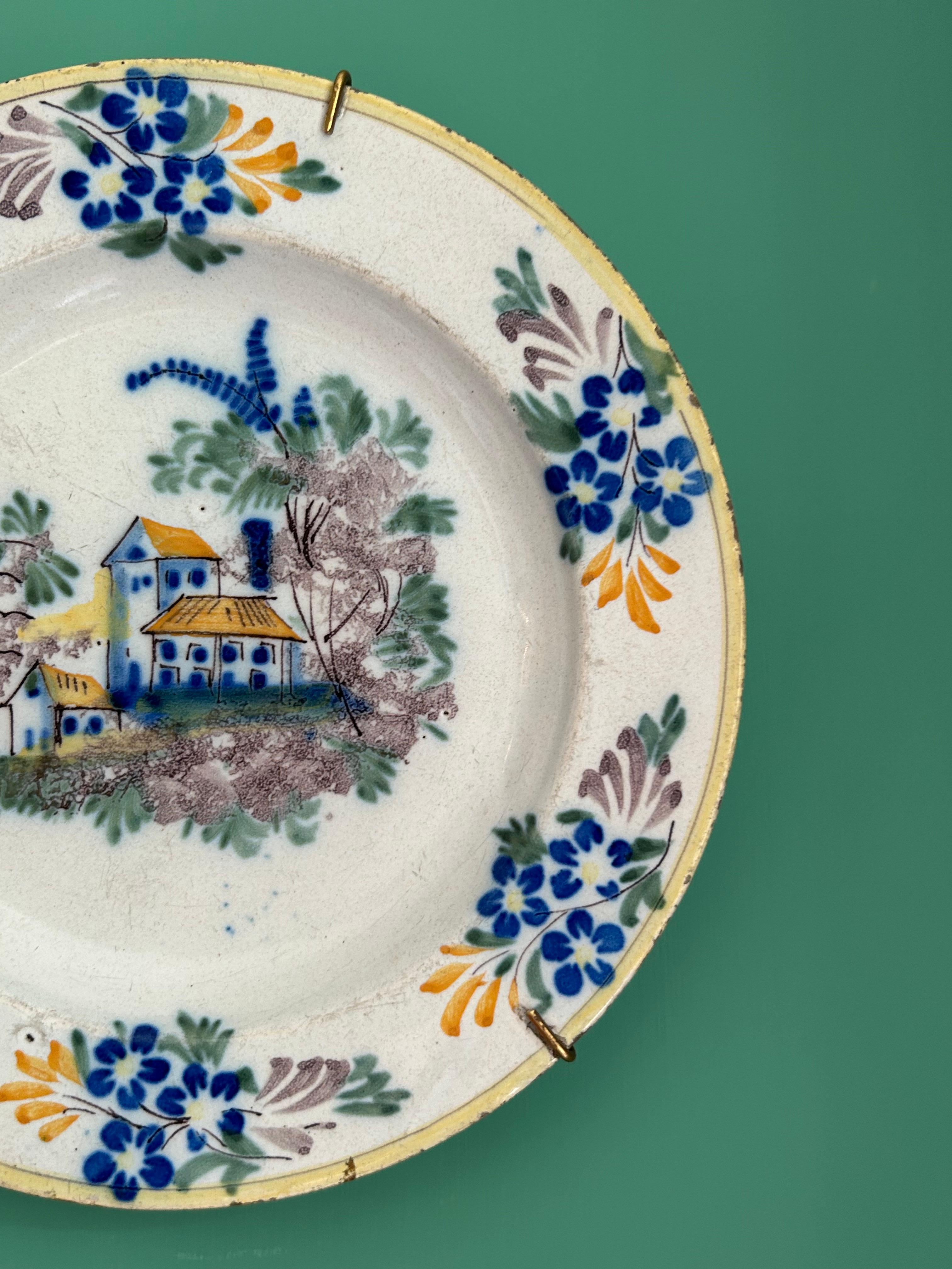 Glazed Antique Ceramic Hanging Platter with Painted Decorations, Portugal, 19th Century For Sale