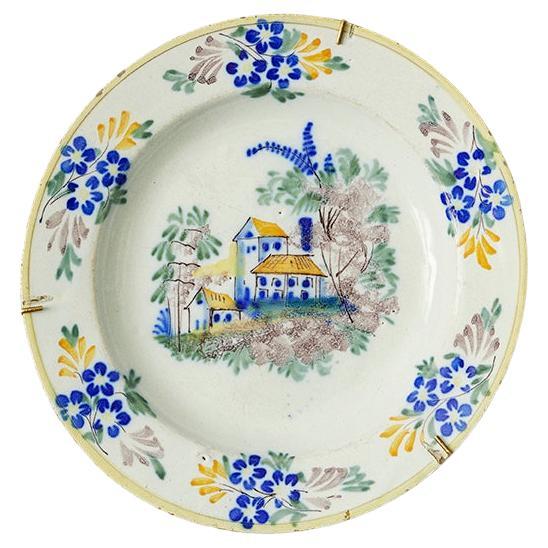 Antique Ceramic Hanging Platter with Painted Decorations, Portugal, 19th Century For Sale