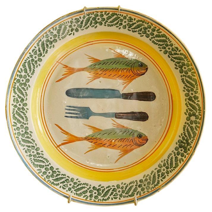 Antique Ceramic Hanging Platter with Painted Decorations, Portugal, 19th Century