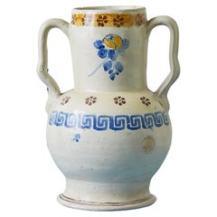 Antique Ceramic Jar with Handles in Yellow and Blue, Italy, Late 19th Century
