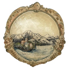Antico piatto da parete in ceramica maiolica Josef Strnact con paesaggio, Austria, 1900