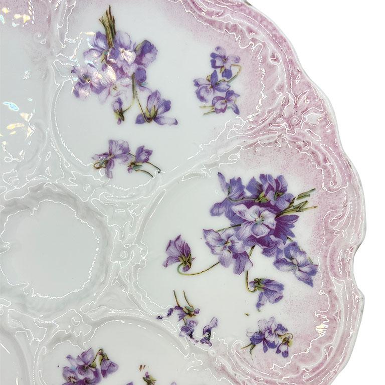 Unknown Antique Ceramic Oyster Platter with Pink and Purple Lavendar Floral Motif For Sale