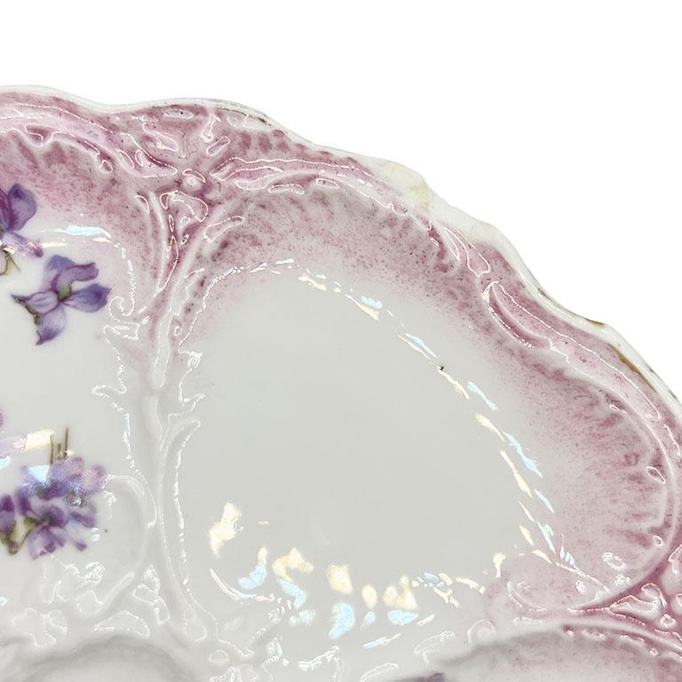 Antique Ceramic Oyster Platter with Pink and Purple Lavendar Floral Motif In Good Condition For Sale In Oklahoma City, OK