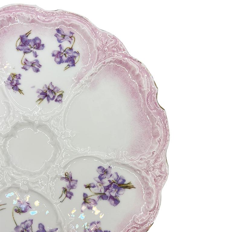 20th Century Antique Ceramic Oyster Platter with Pink and Purple Lavendar Floral Motif For Sale