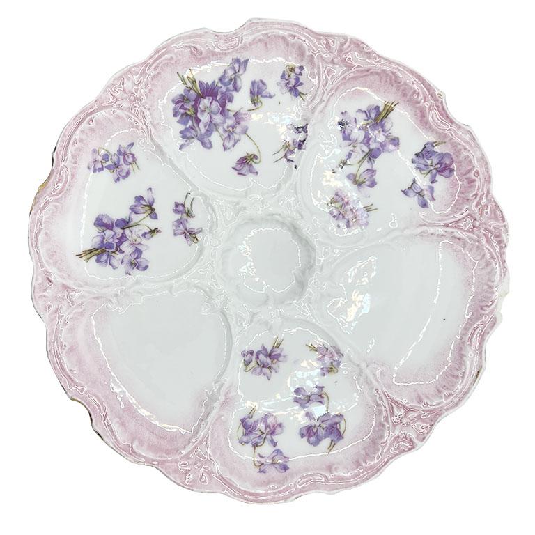 Antique Ceramic Oyster Platter with Pink and Purple Lavendar Floral Motif For Sale 3
