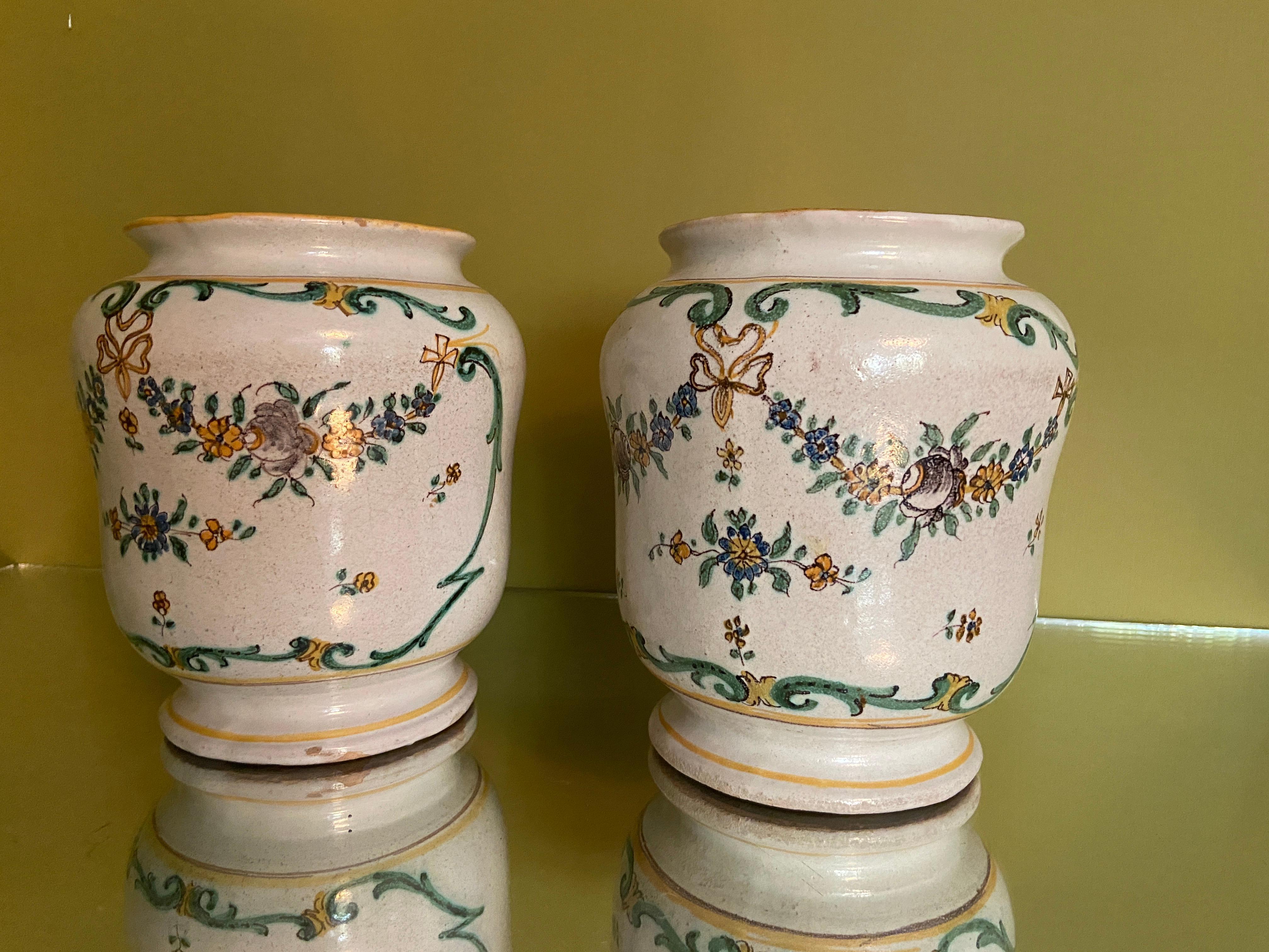 Antique Ceramic Pair of Vases with Flower Decorations, Italy 19th Century 1